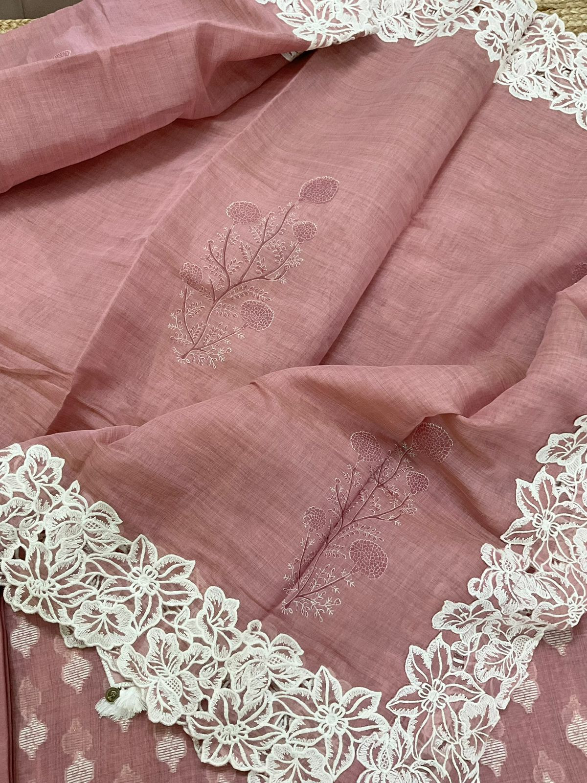 Pure Fine Slub Chanderi Jamdani Weaved Printed Embroidered Suit - Pink