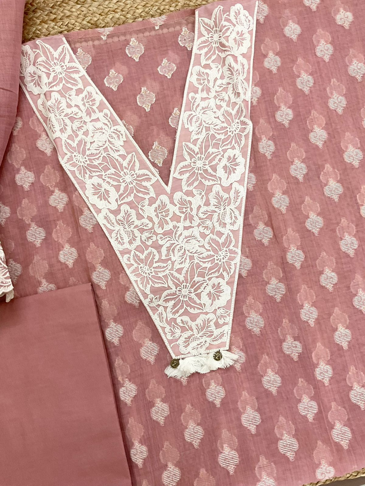 Pure Fine Slub Chanderi Jamdani Weaved Printed Embroidered Suit - Pink