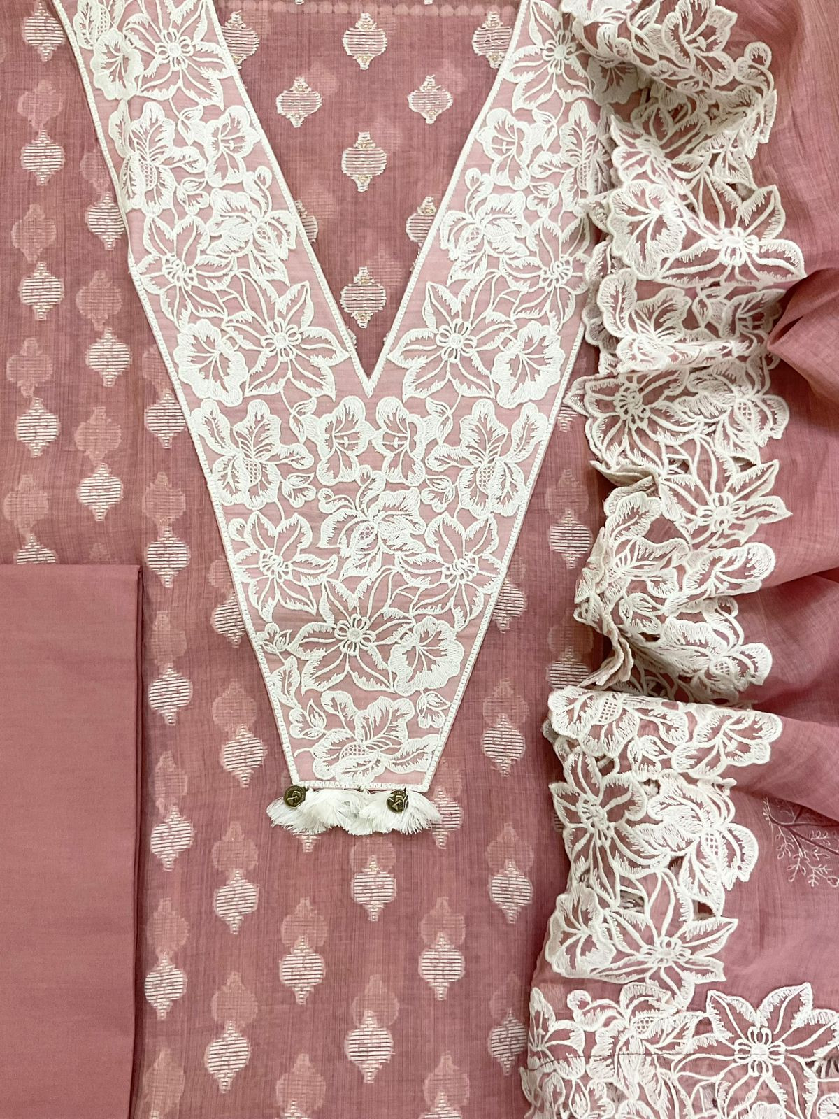 Pure Fine Slub Chanderi Jamdani Weaved Printed Embroidered Suit - Pink