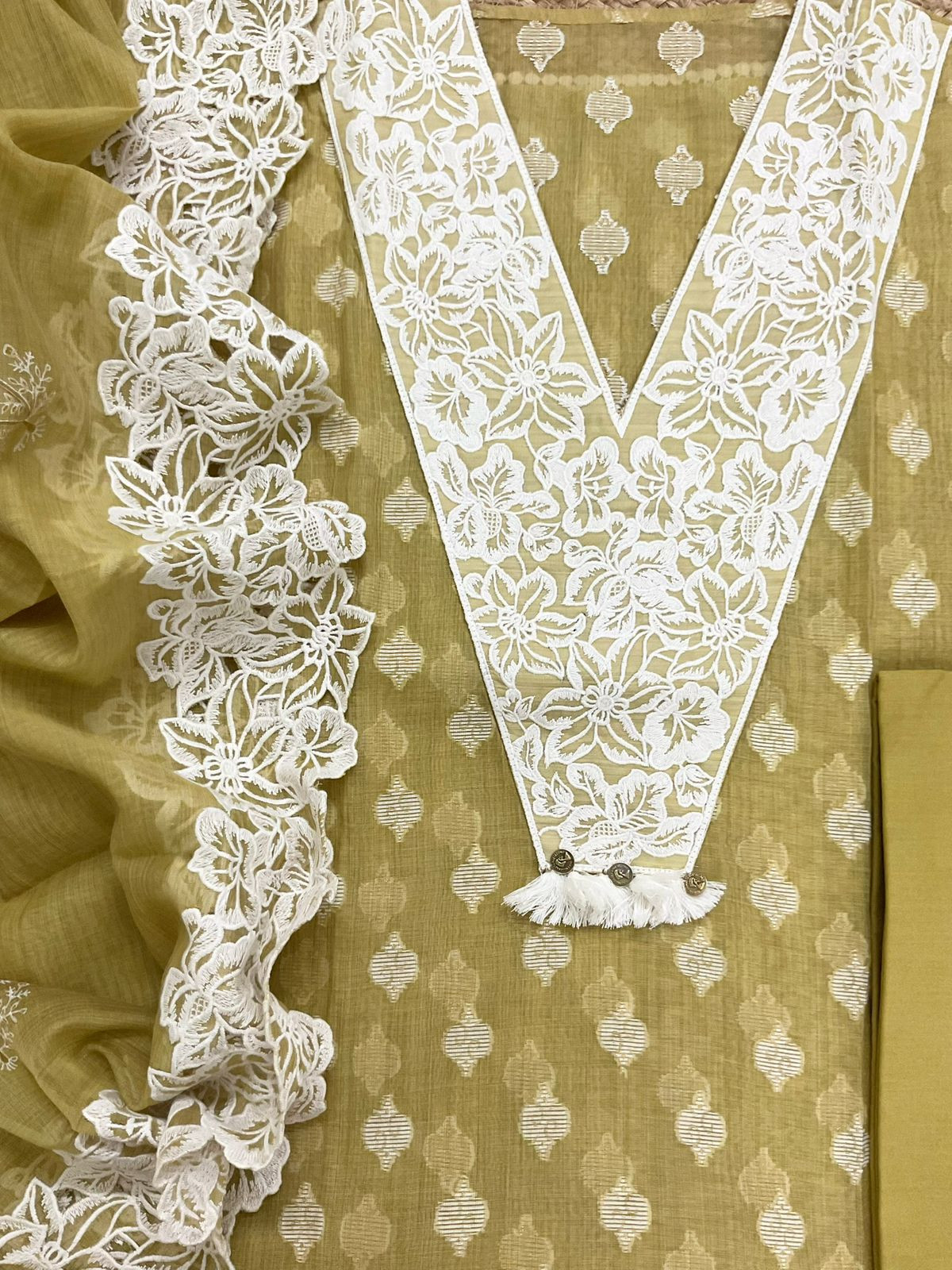 Pure Fine Slub Chanderi Jamdani Weaved Printed Embroidered Suit - Mustard