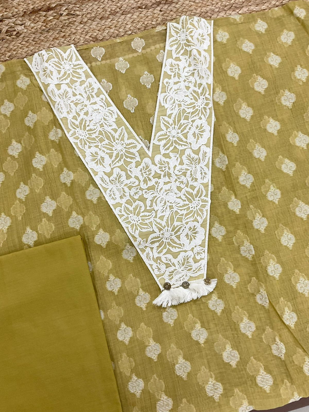 Pure Fine Slub Chanderi Jamdani Weaved Printed Embroidered Suit - Mustard