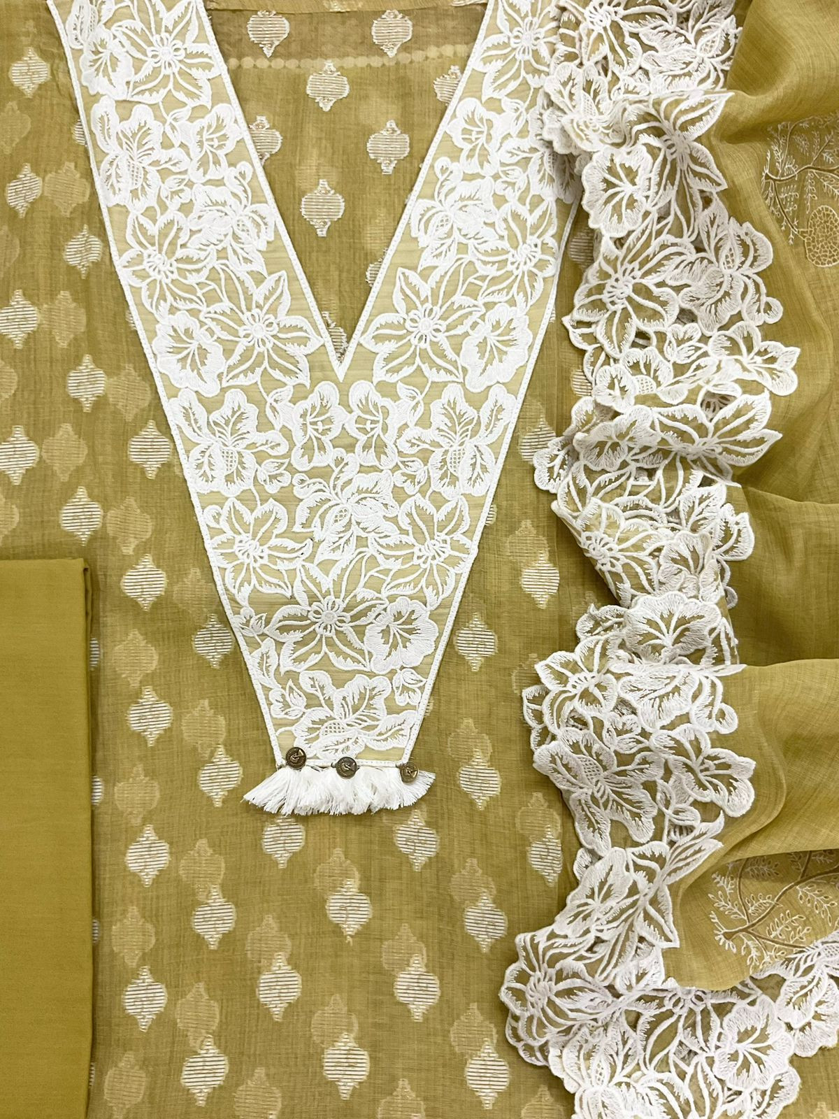 Pure Fine Slub Chanderi Jamdani Weaved Printed Embroidered Suit - Mustard