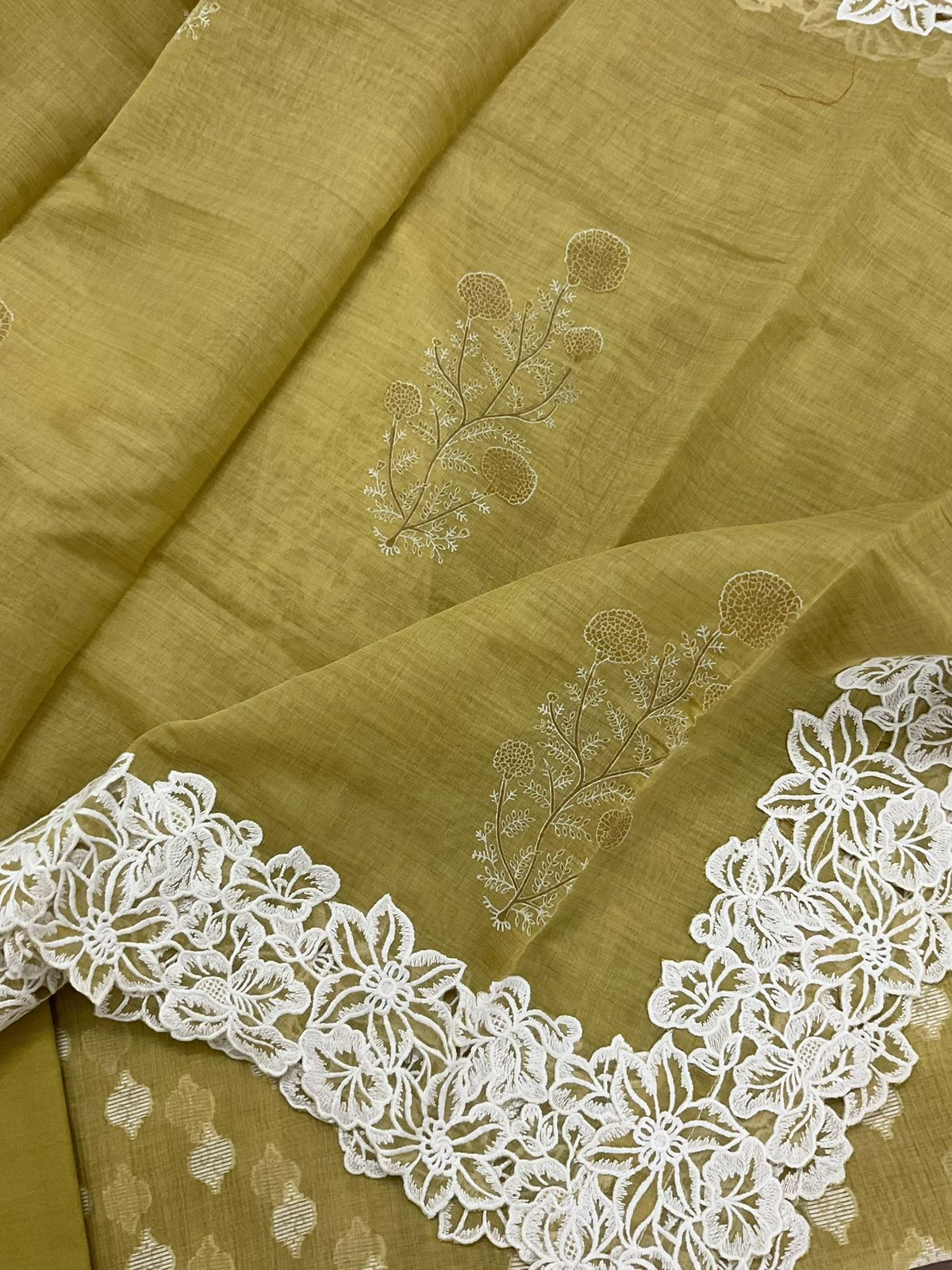 Pure Fine Slub Chanderi Jamdani Weaved Printed Embroidered Suit - Mustard