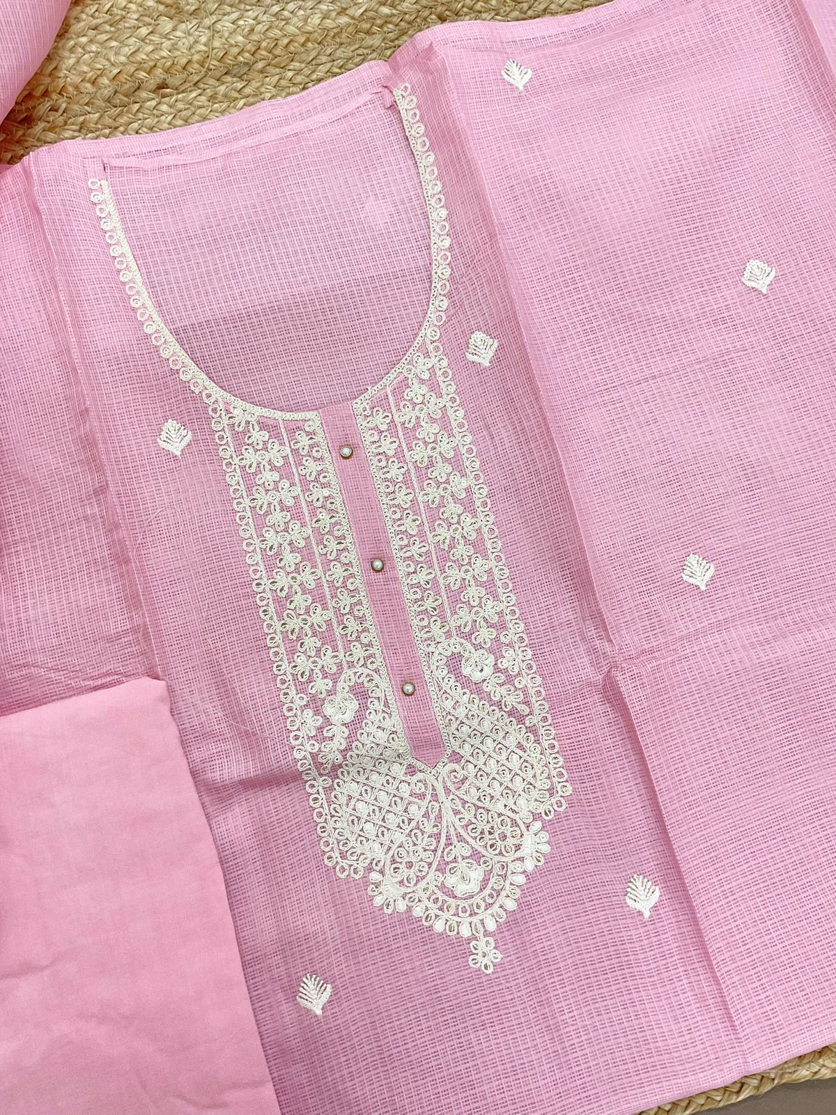 Soft Kota Silk Embroidered Suit - Pink