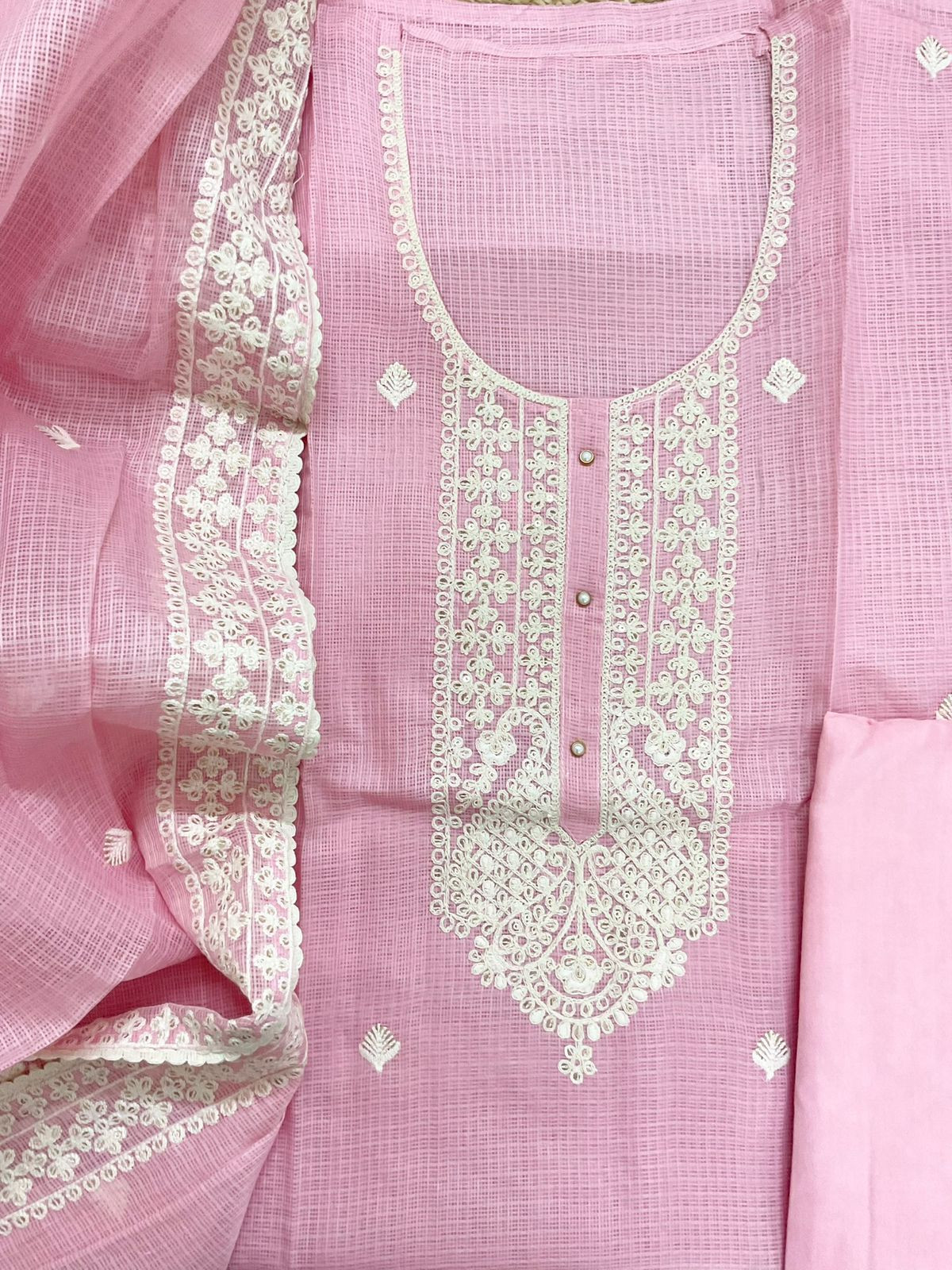 Soft Kota Silk Embroidered Suit - Pink