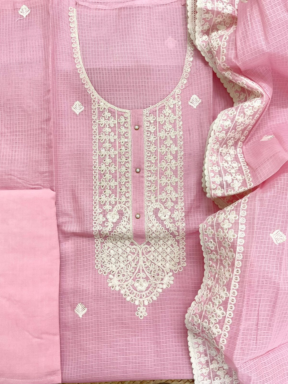 Soft Kota Silk Embroidered Suit - Pink