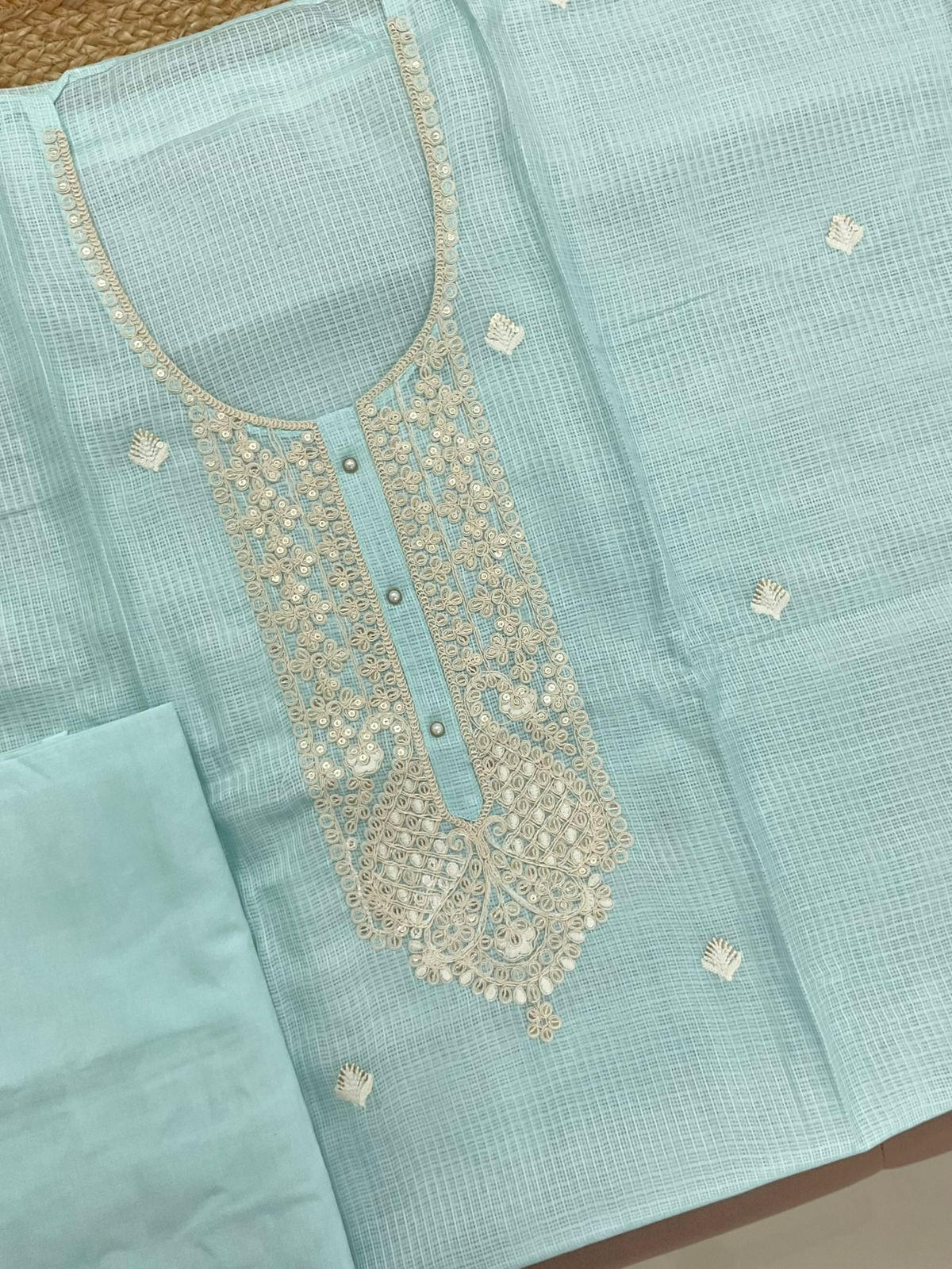 Soft Kota Silk Embroidered Suit - Blue