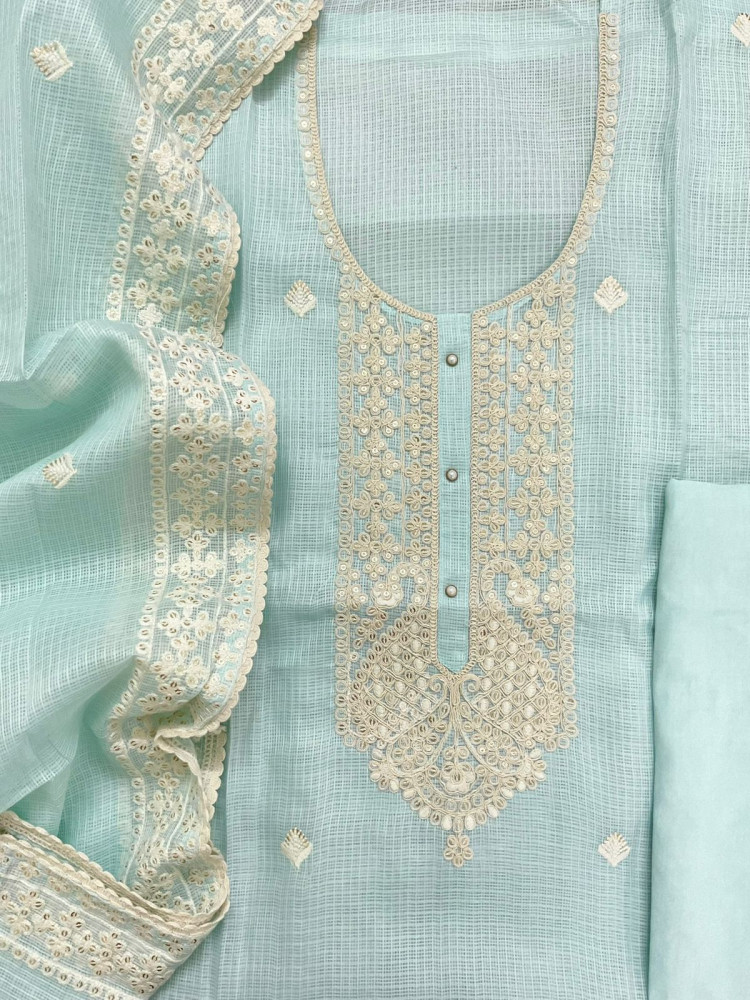 Image of Soft Kota Silk Embroidered Suit - Blue