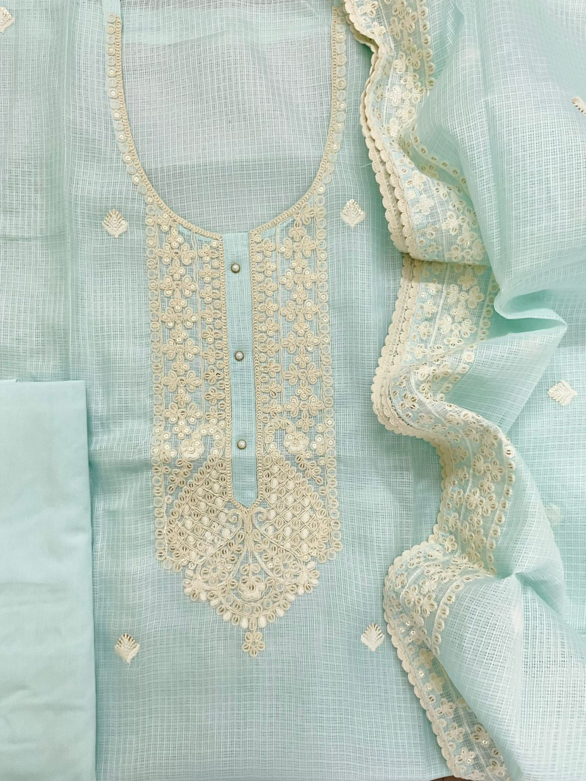 Soft Kota Silk Embroidered Suit - Blue