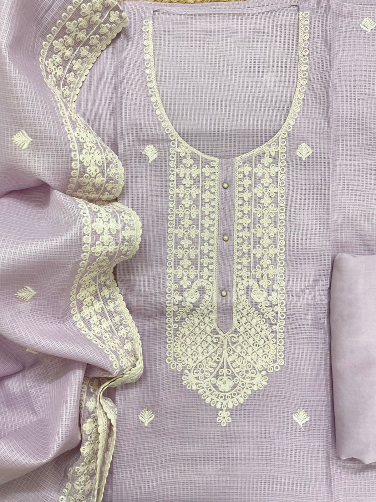 Image of Soft Kota Silk Embroidered Suit - Lavender
