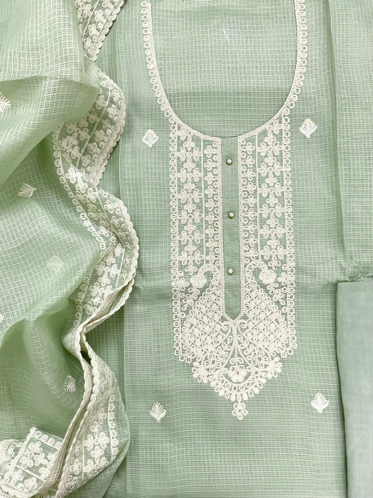 Soft Kota Silk Embroidered Suit - Green