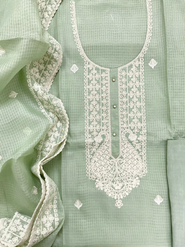 Image of Soft Kota Silk Embroidered Suit - Green