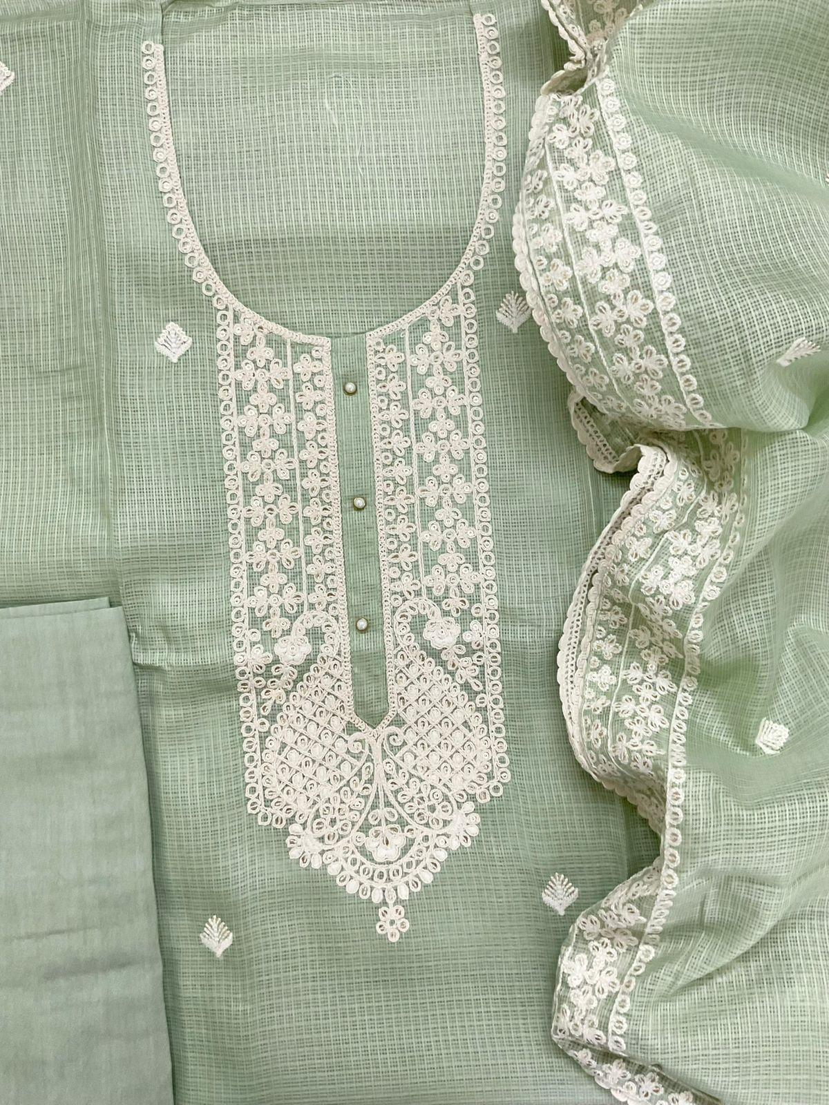Soft Kota Silk Embroidered Suit - Green