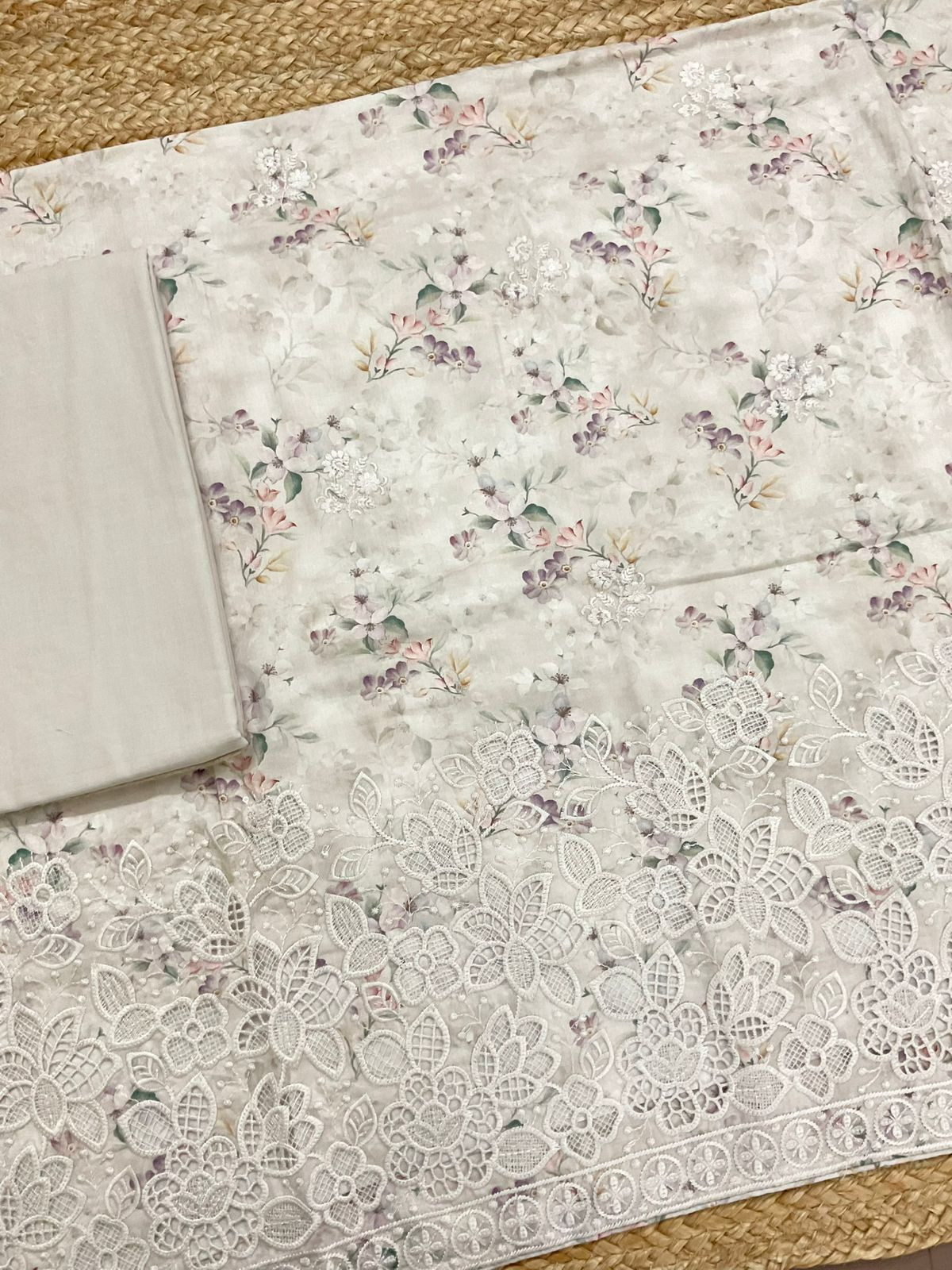 Pure Cotton Printed Embroidered Suit - Beige