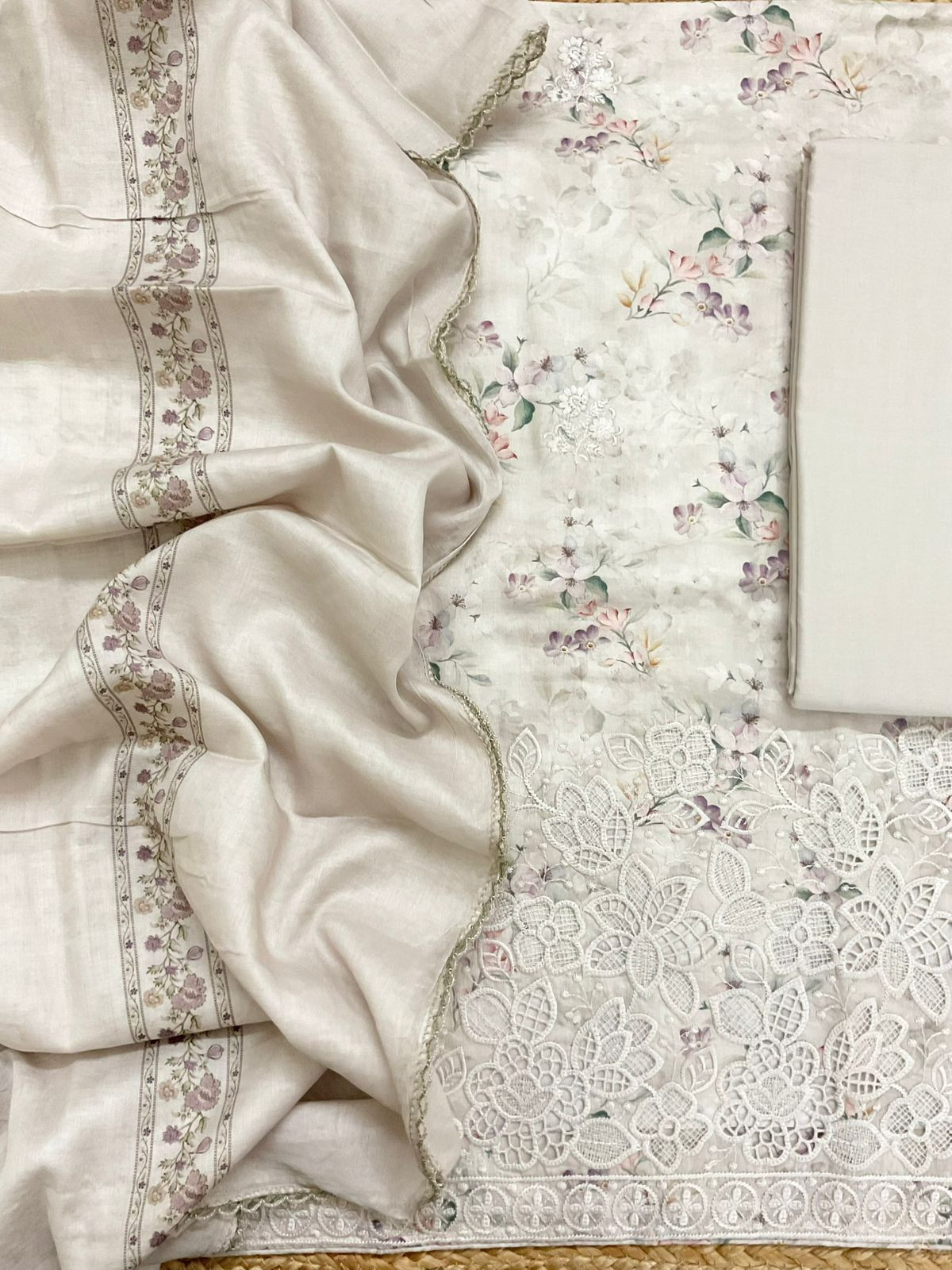 Pure Cotton Printed Embroidered Suit - Beige