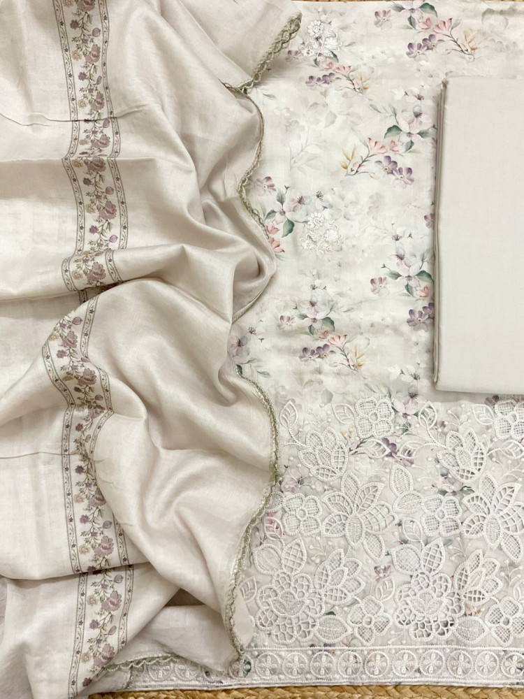 Image of Pure Cotton Printed Embroidered Suit - Beige