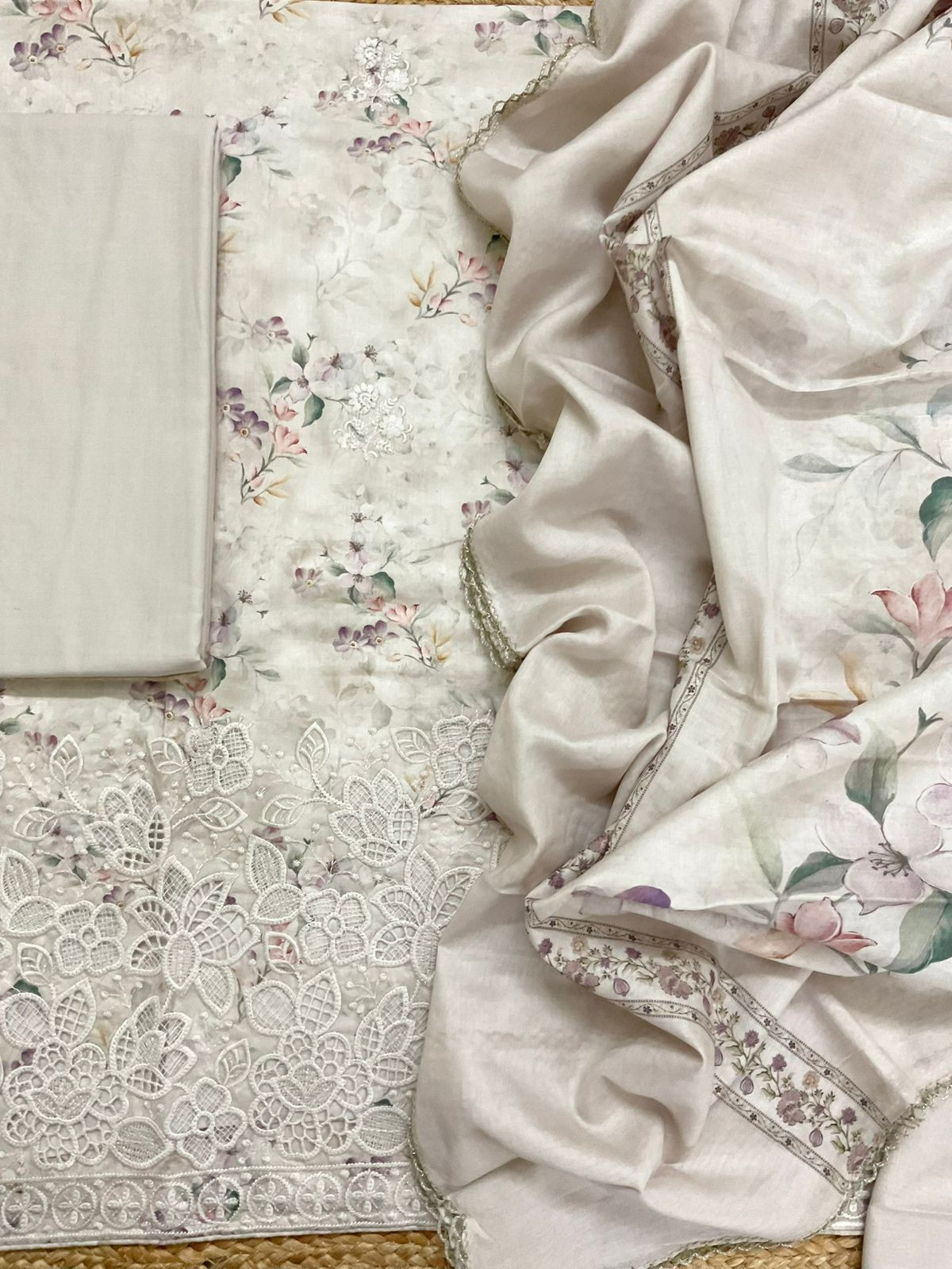 Pure Cotton Printed Embroidered Suit - Beige