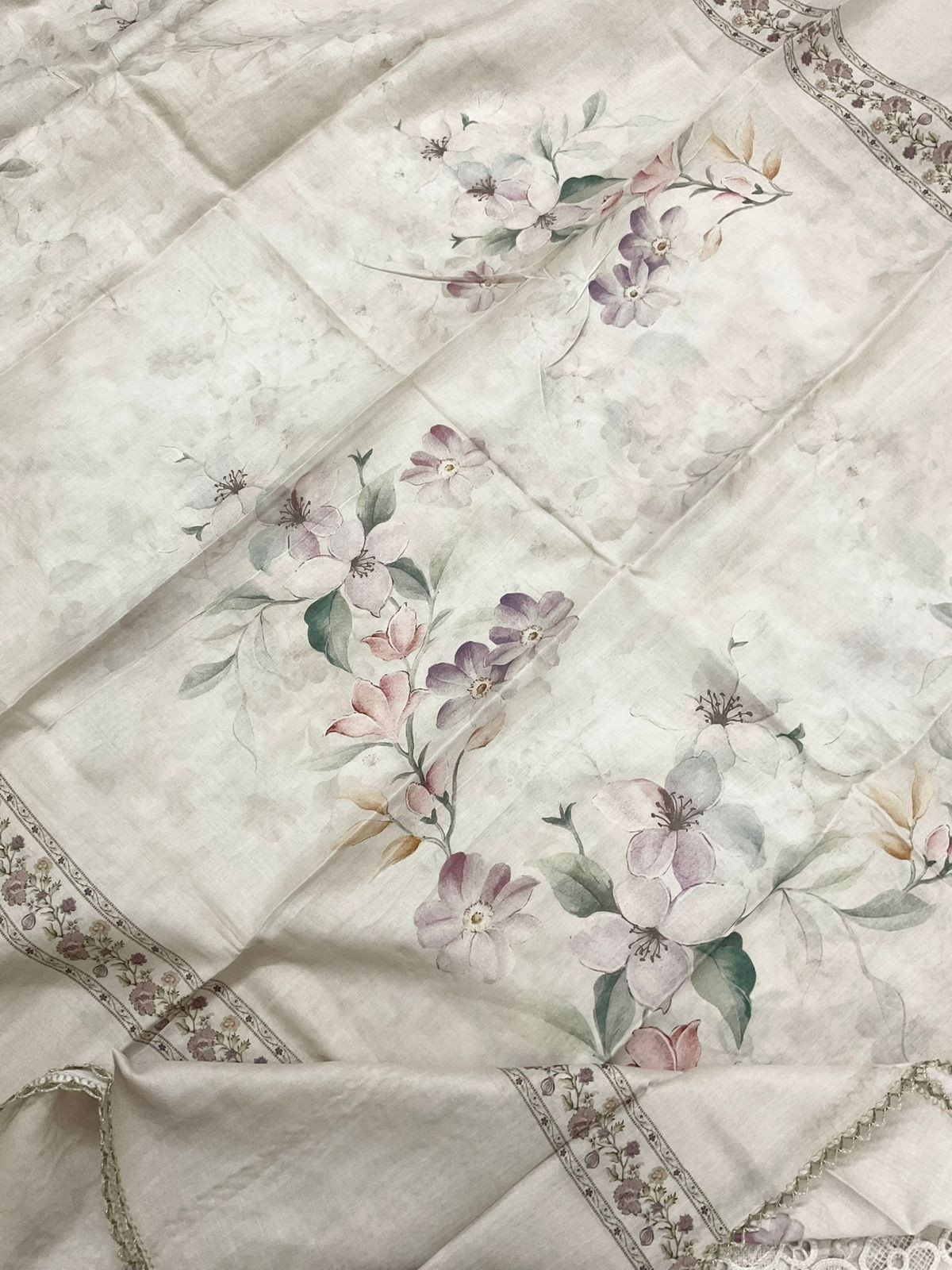 Pure Cotton Printed Embroidered Suit - Beige