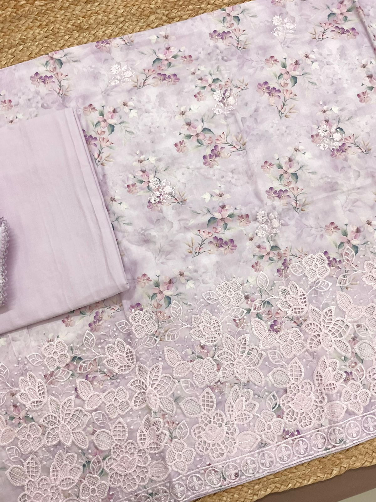 Pure Cotton Printed Embroidered Suit - Lavender