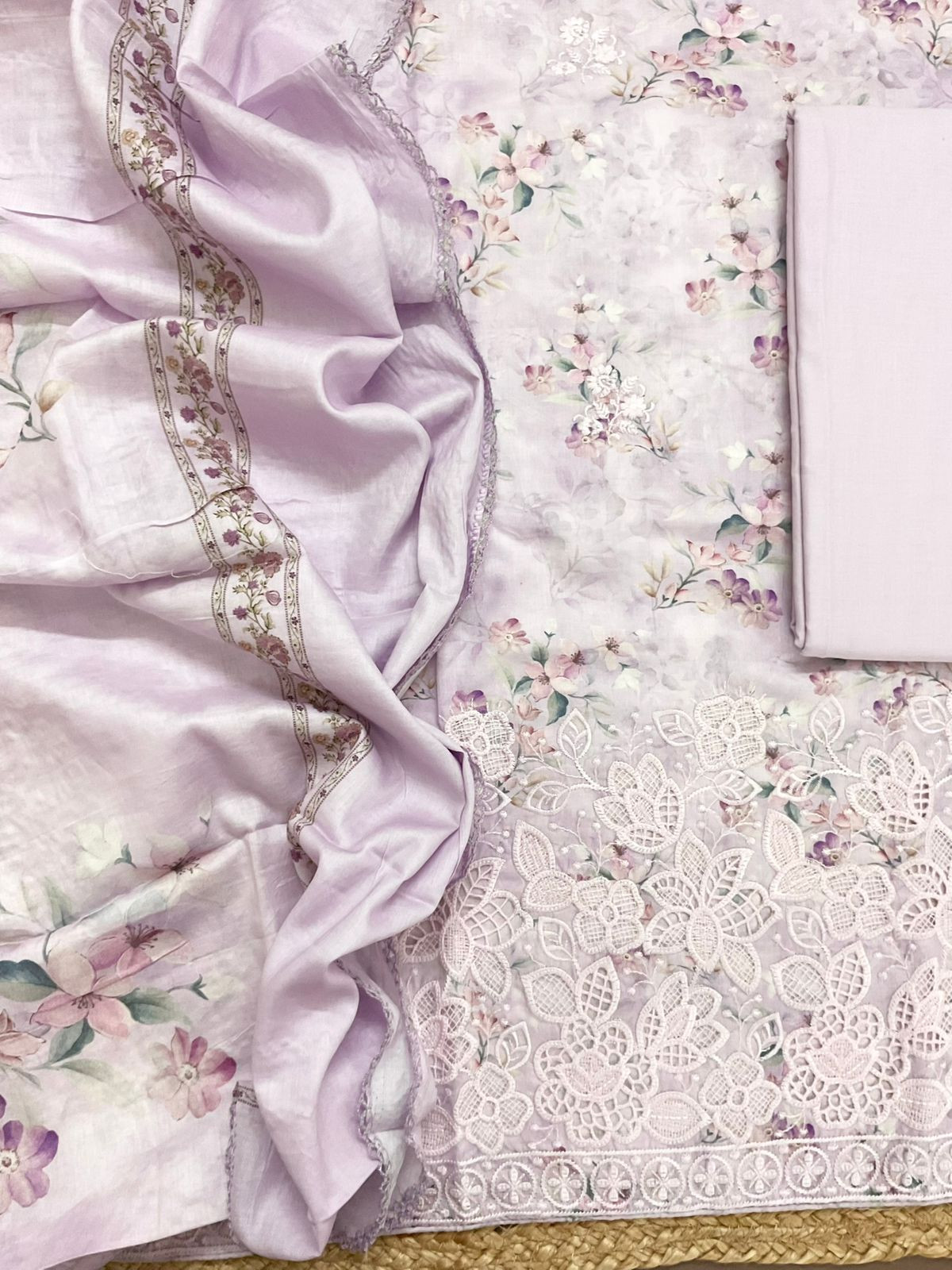 Pure Cotton Printed Embroidered Suit - Lavender