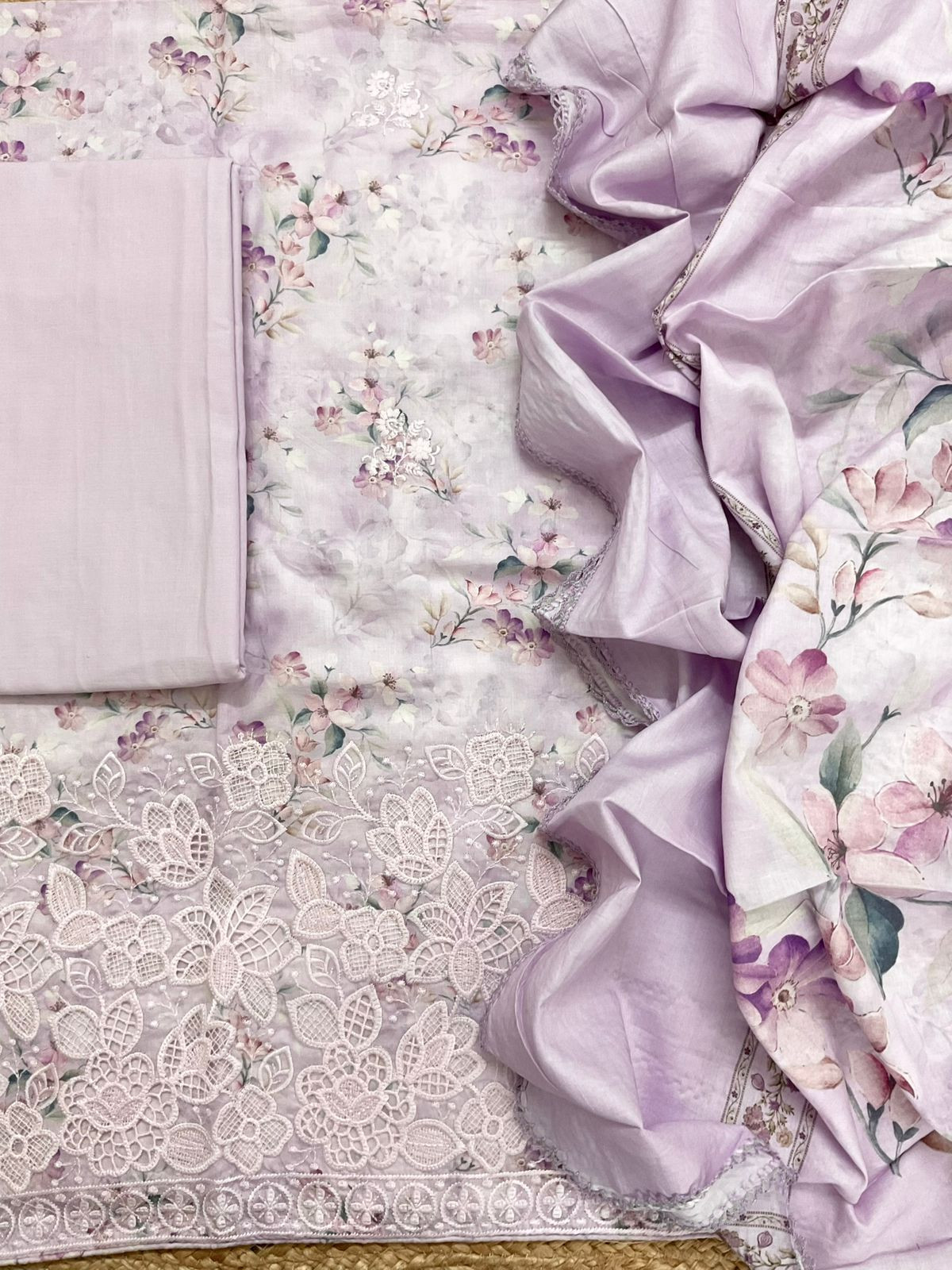 Pure Cotton Printed Embroidered Suit - Lavender