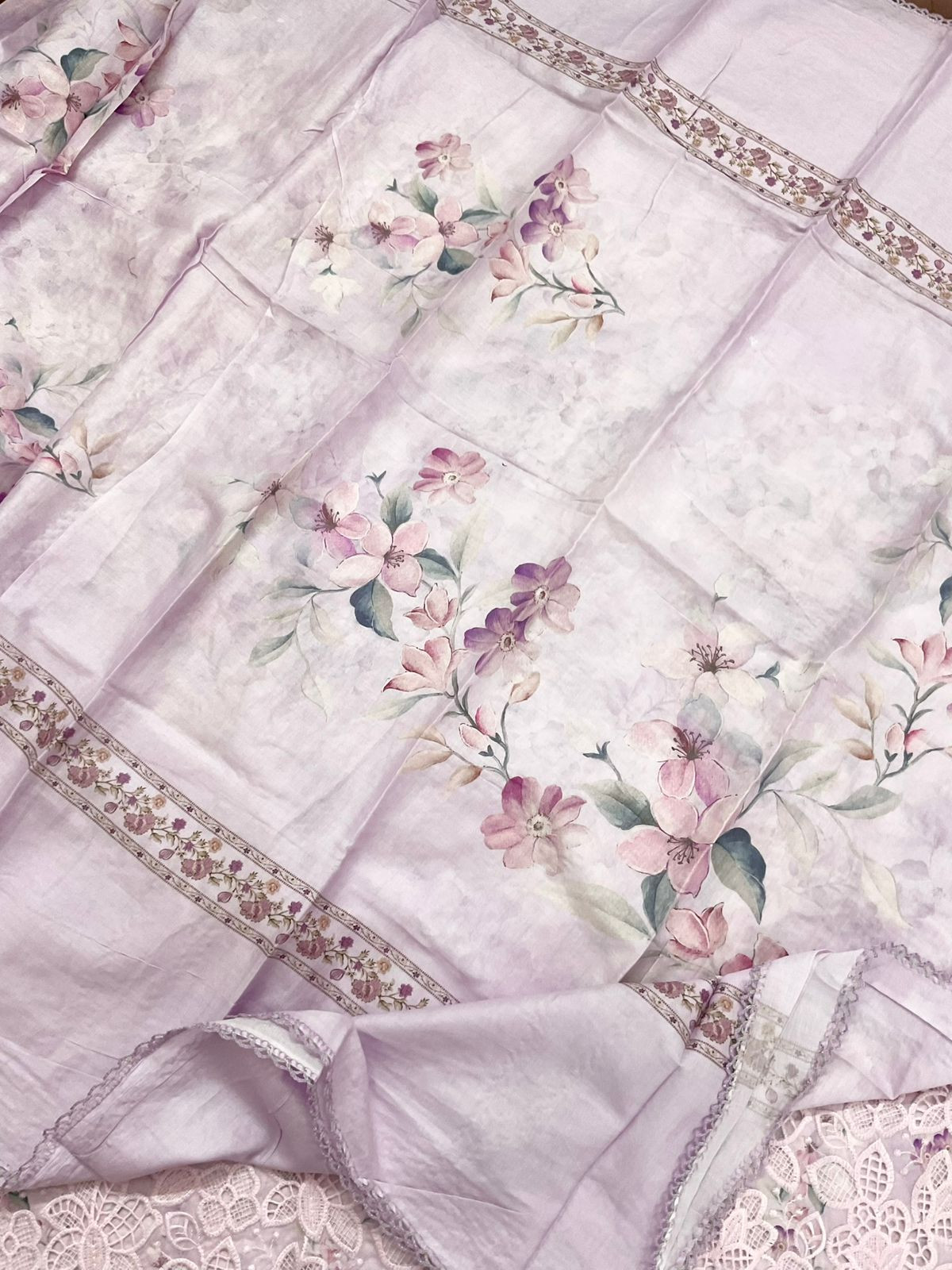 Pure Cotton Printed Embroidered Suit - Lavender