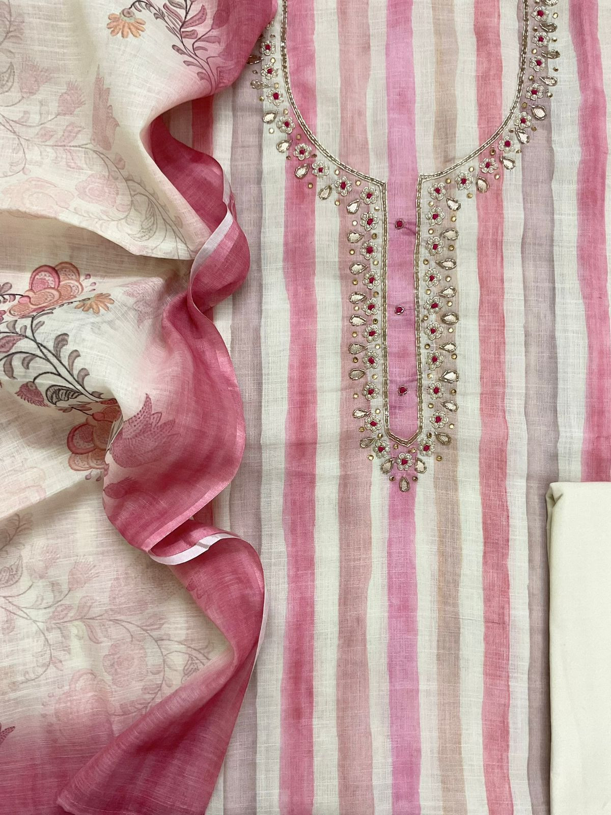 Soft Linen Jute Cotton Printed Embroidered Suit - Pink