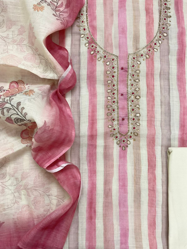 Image of Soft Linen Jute Cotton Printed Embroidered Suit - Pink