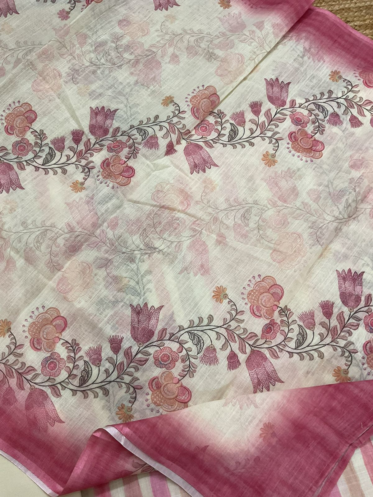 Soft Linen Jute Cotton Printed Embroidered Suit - Pink