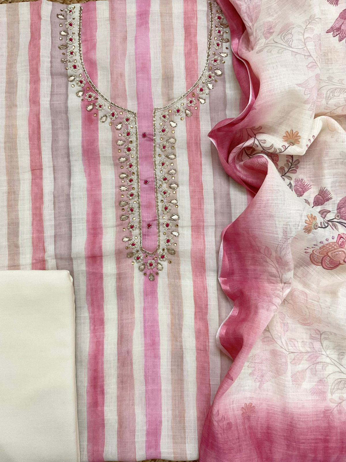 Soft Linen Jute Cotton Printed Embroidered Suit - Pink