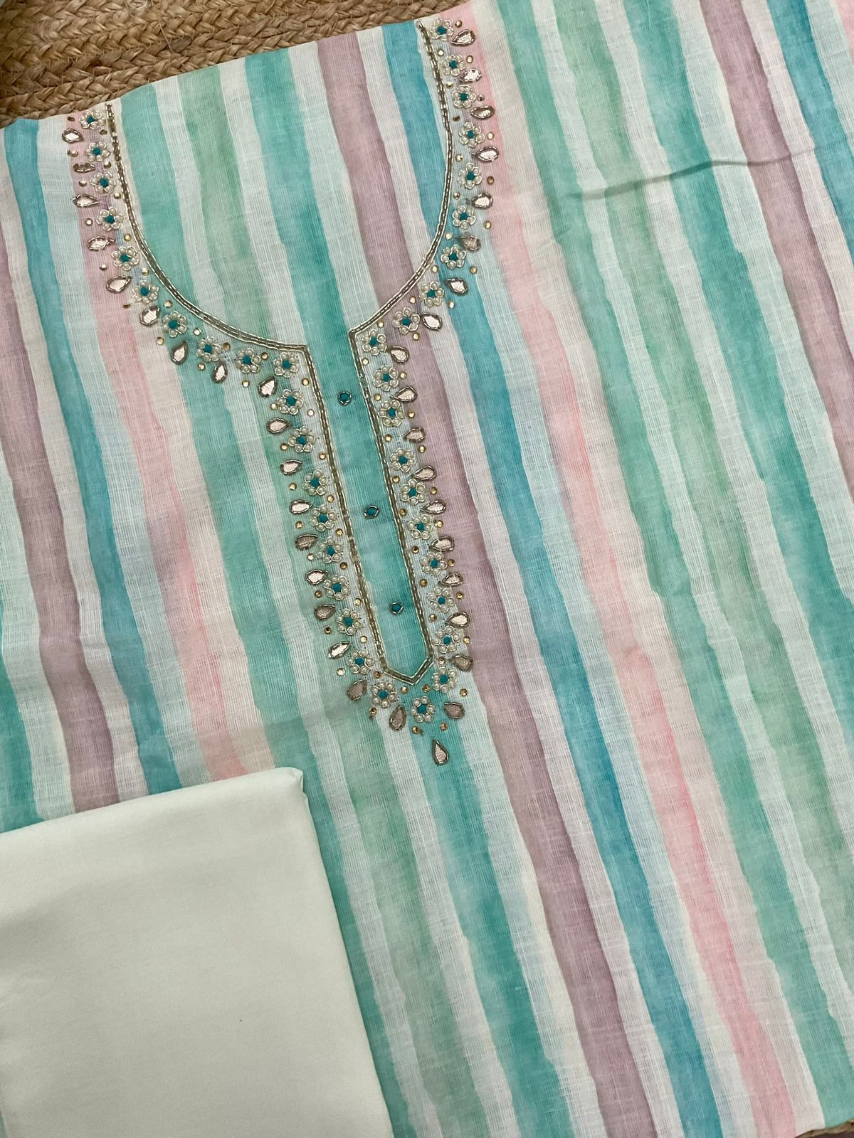 Soft Linen Jute Cotton Printed Embroidered Suit - Blue