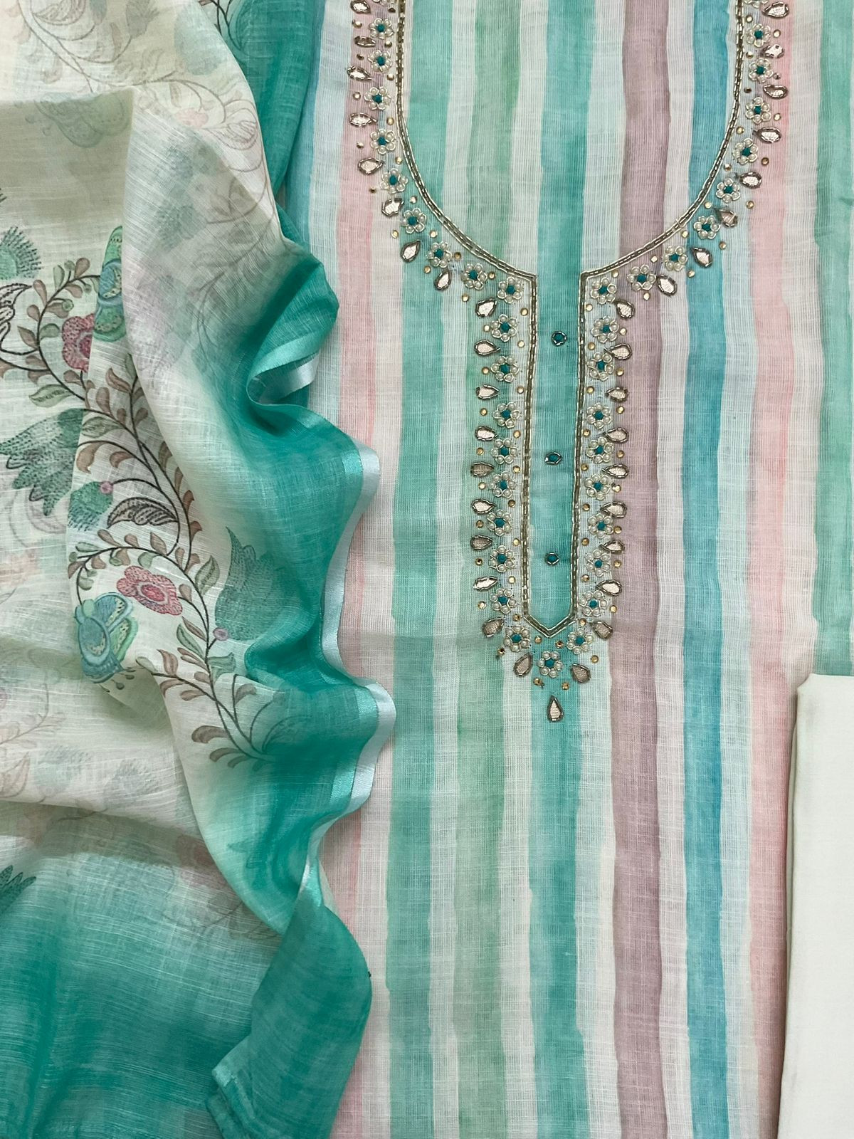 Soft Linen Jute Cotton Printed Embroidered Suit - Blue