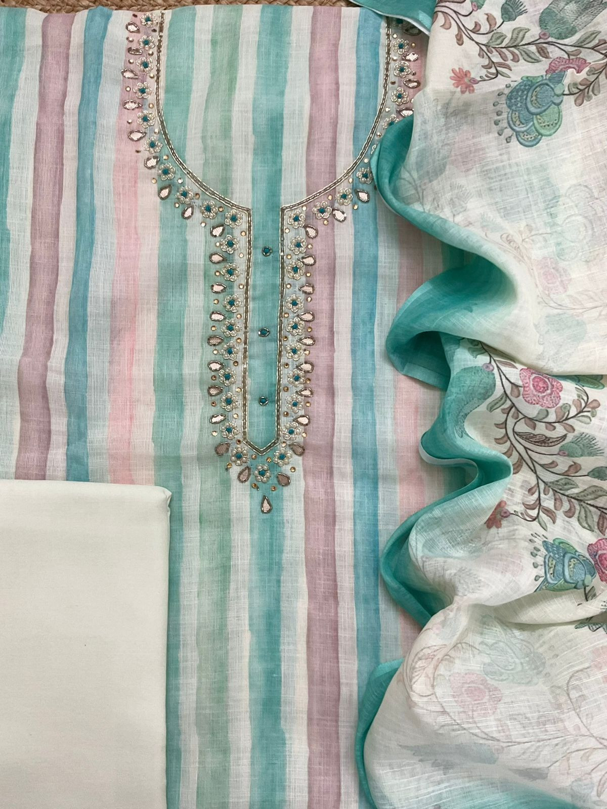 Soft Linen Jute Cotton Printed Embroidered Suit - Blue