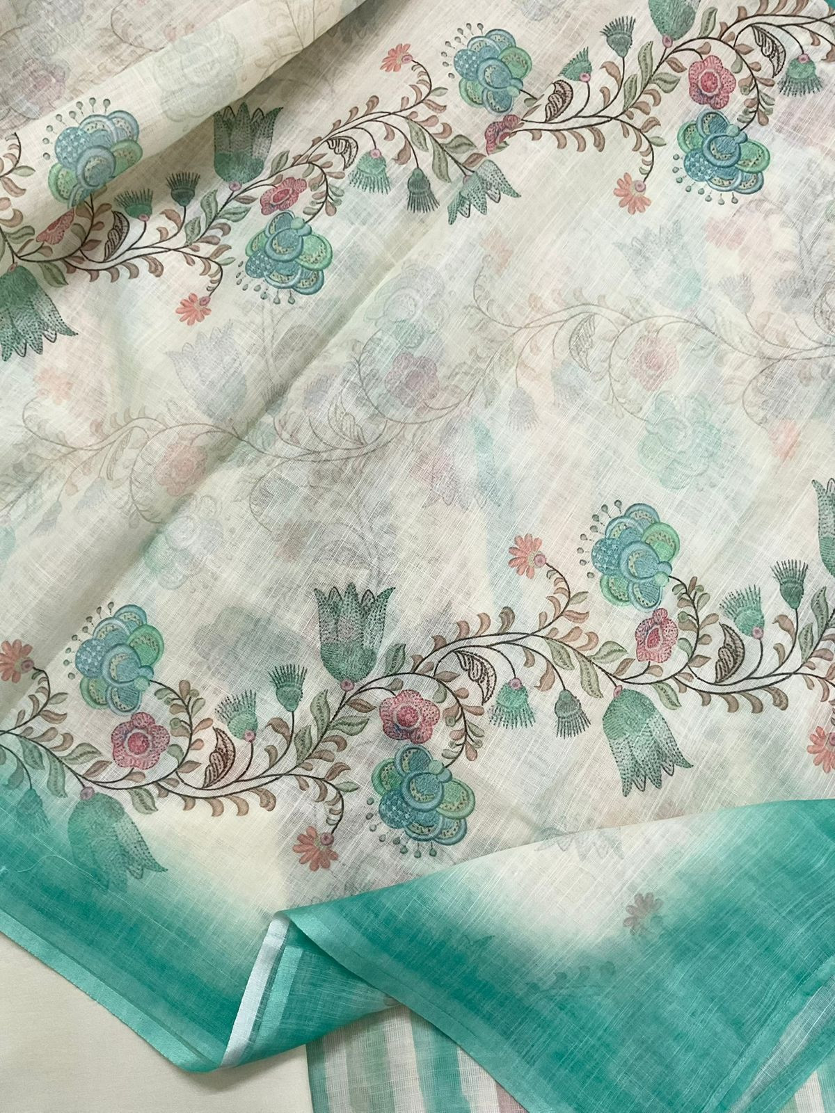 Soft Linen Jute Cotton Printed Embroidered Suit - Blue