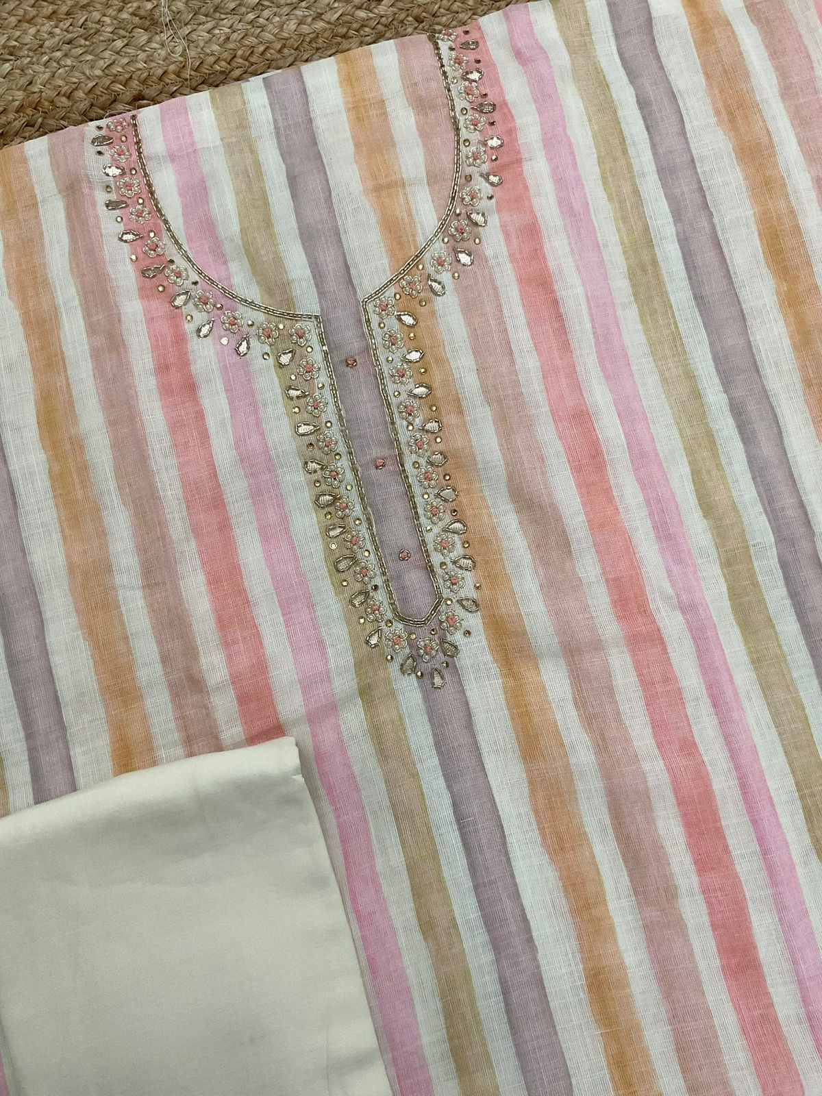 Soft Linen Jute Cotton Printed Embroidered Suit - Peach