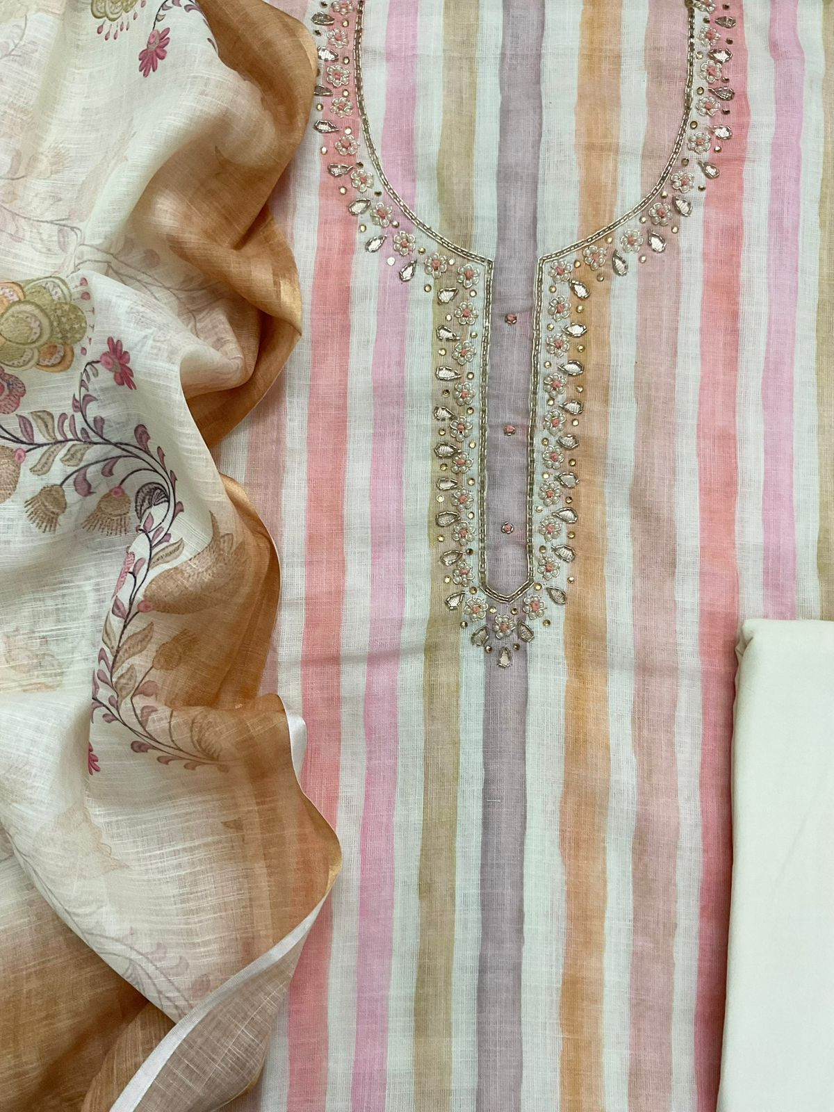 Soft Linen Jute Cotton Printed Embroidered Suit - Peach