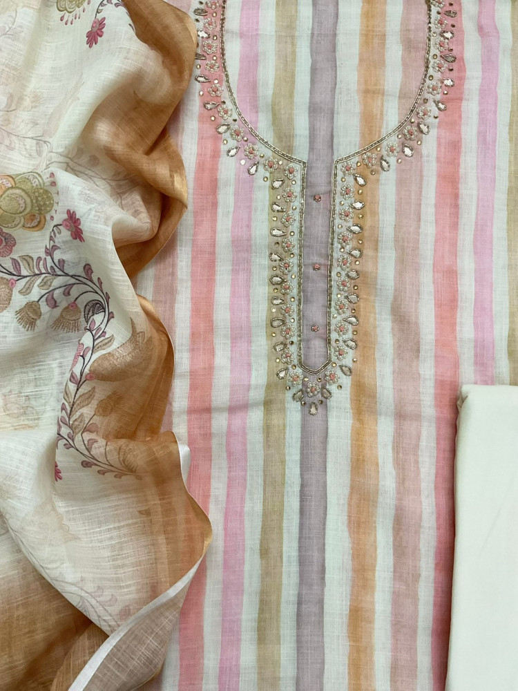 Image of Soft Linen Jute Cotton Printed Embroidered Suit - Peach