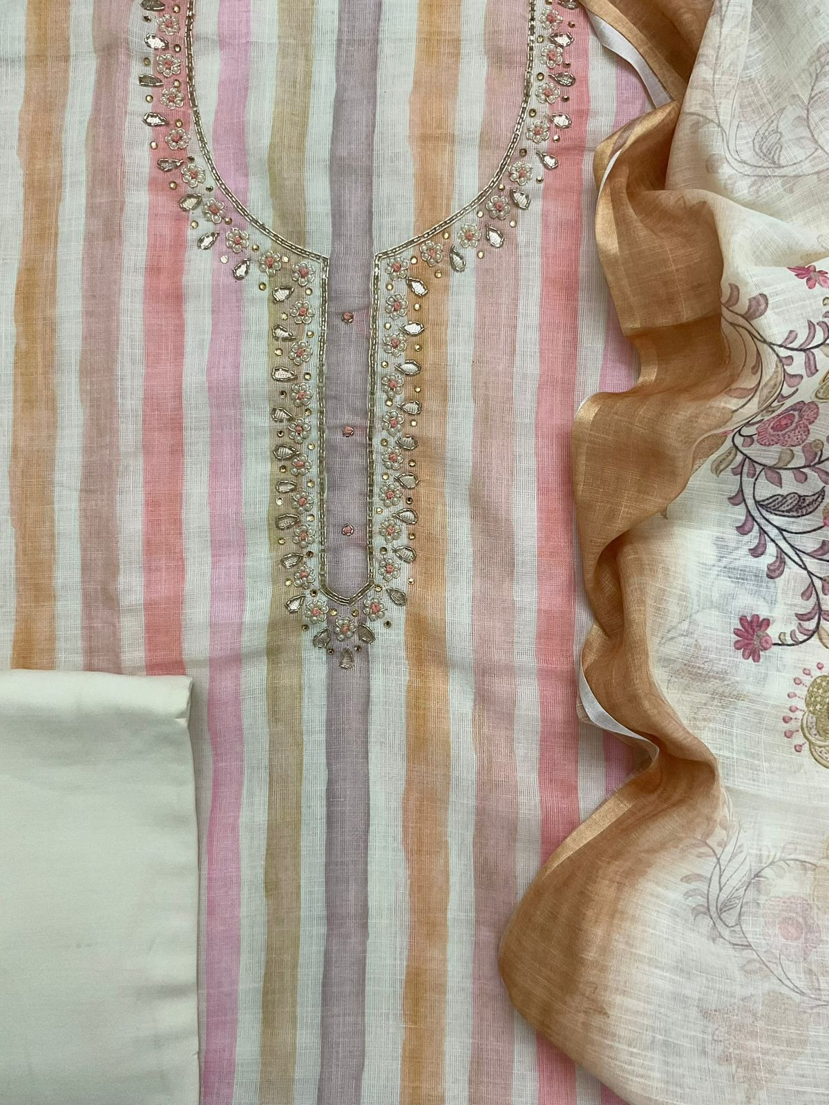 Soft Linen Jute Cotton Printed Embroidered Suit - Peach