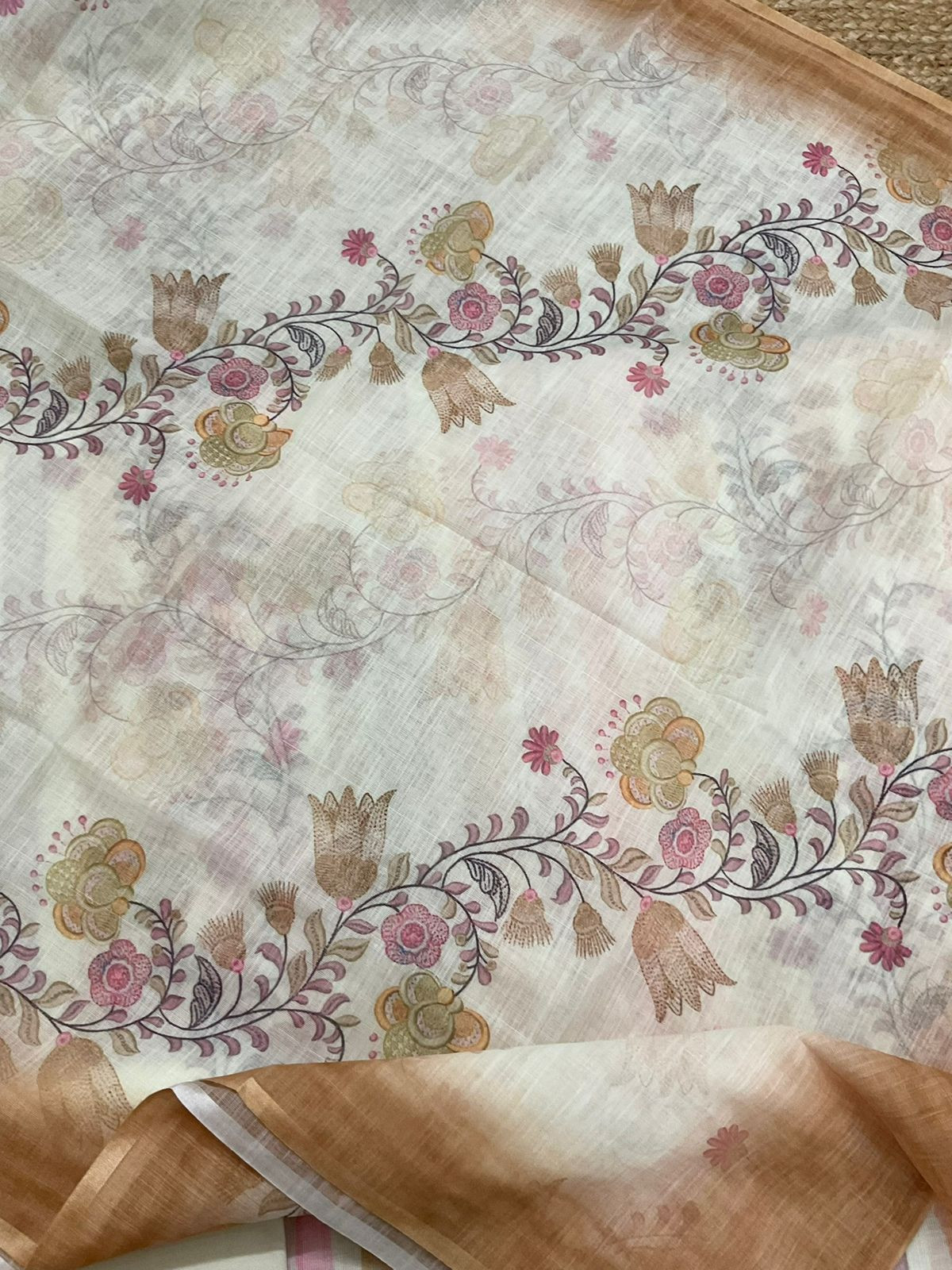 Soft Linen Jute Cotton Printed Embroidered Suit - Peach