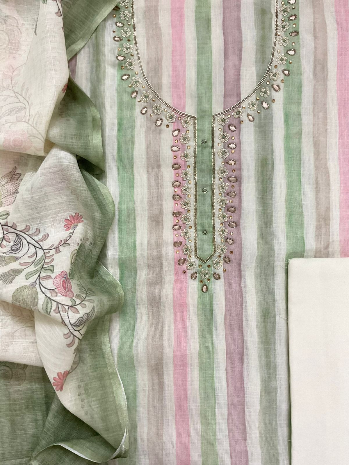 Soft Linen Jute Cotton Printed Embroidered Suit - Green