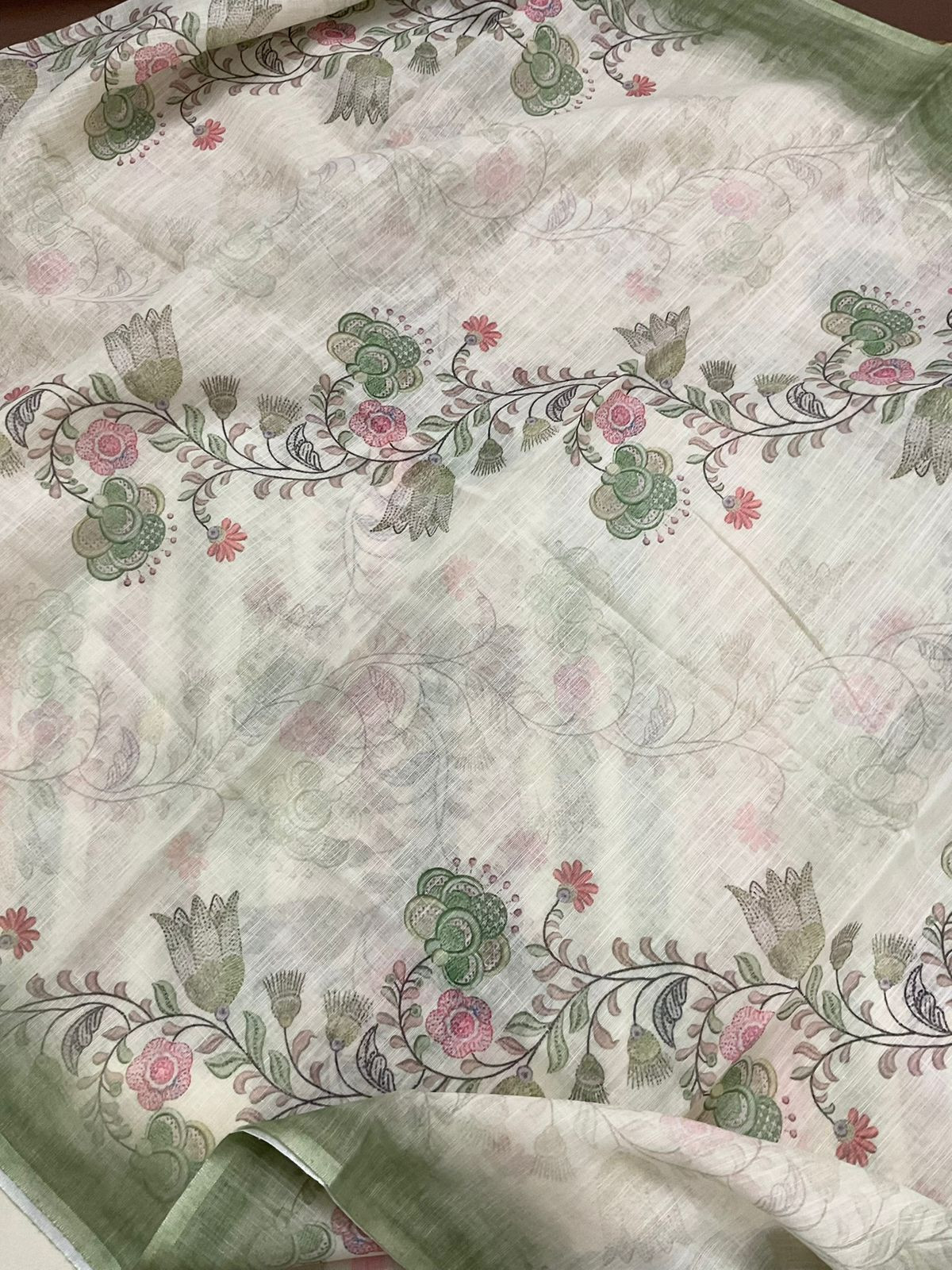 Soft Linen Jute Cotton Printed Embroidered Suit - Green