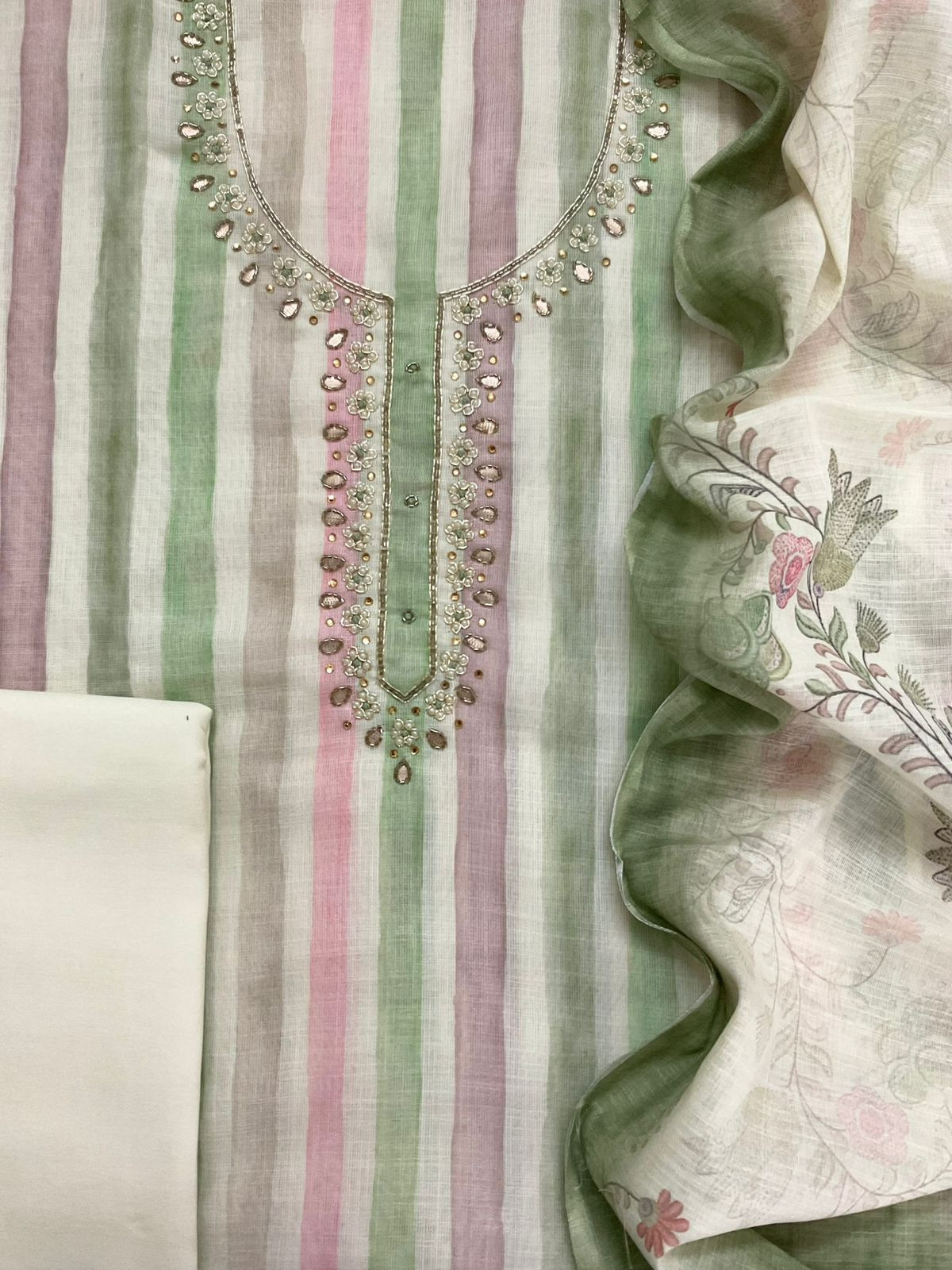 Soft Linen Jute Cotton Printed Embroidered Suit - Green