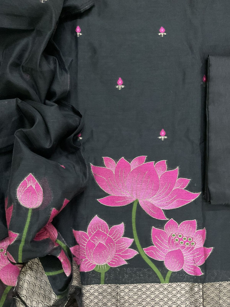 Image of Soft Kora Chanderi Jamdani Weaved Suit - Black