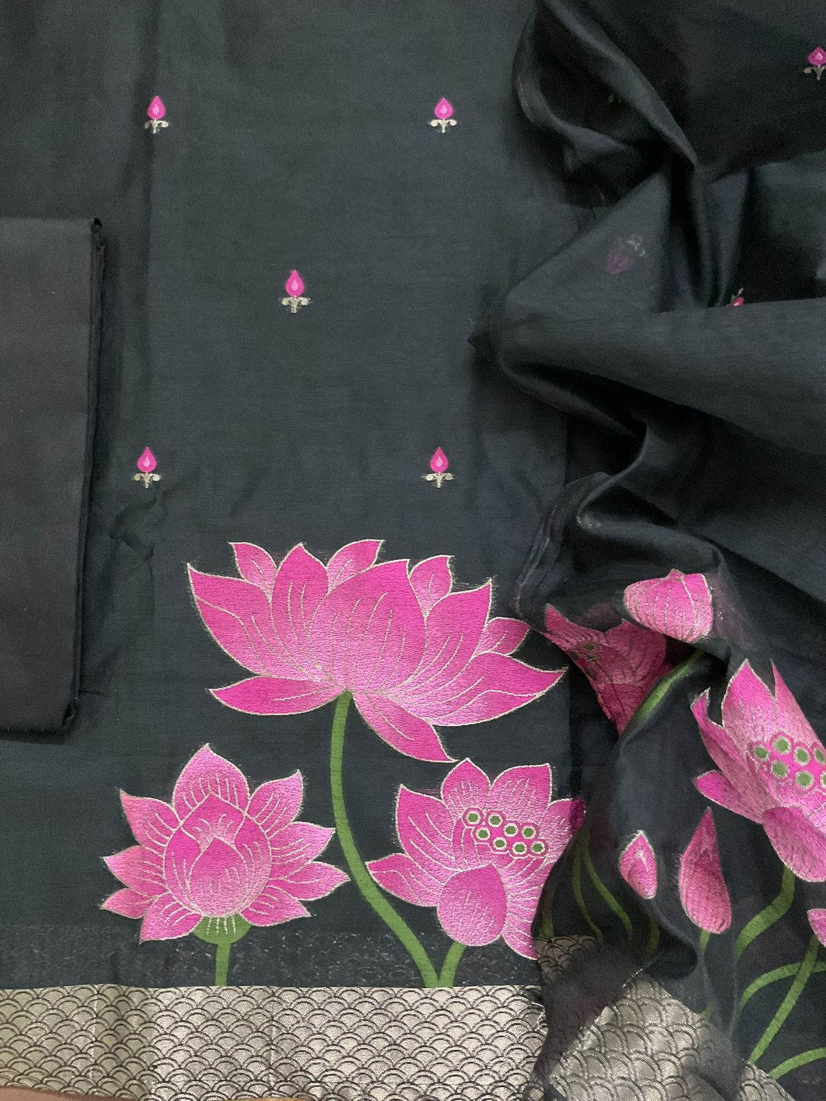 Soft Kora Chanderi Jamdani Weaved Suit - Black