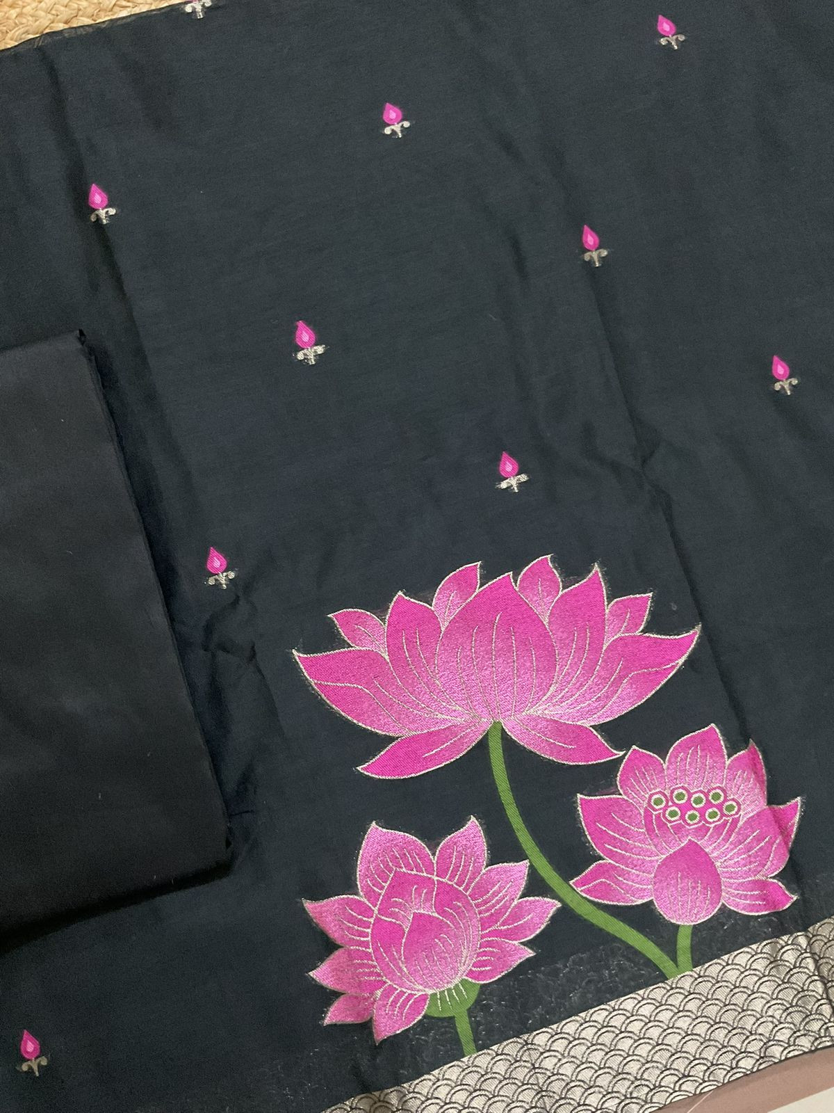 Soft Kora Chanderi Jamdani Weaved Suit - Black