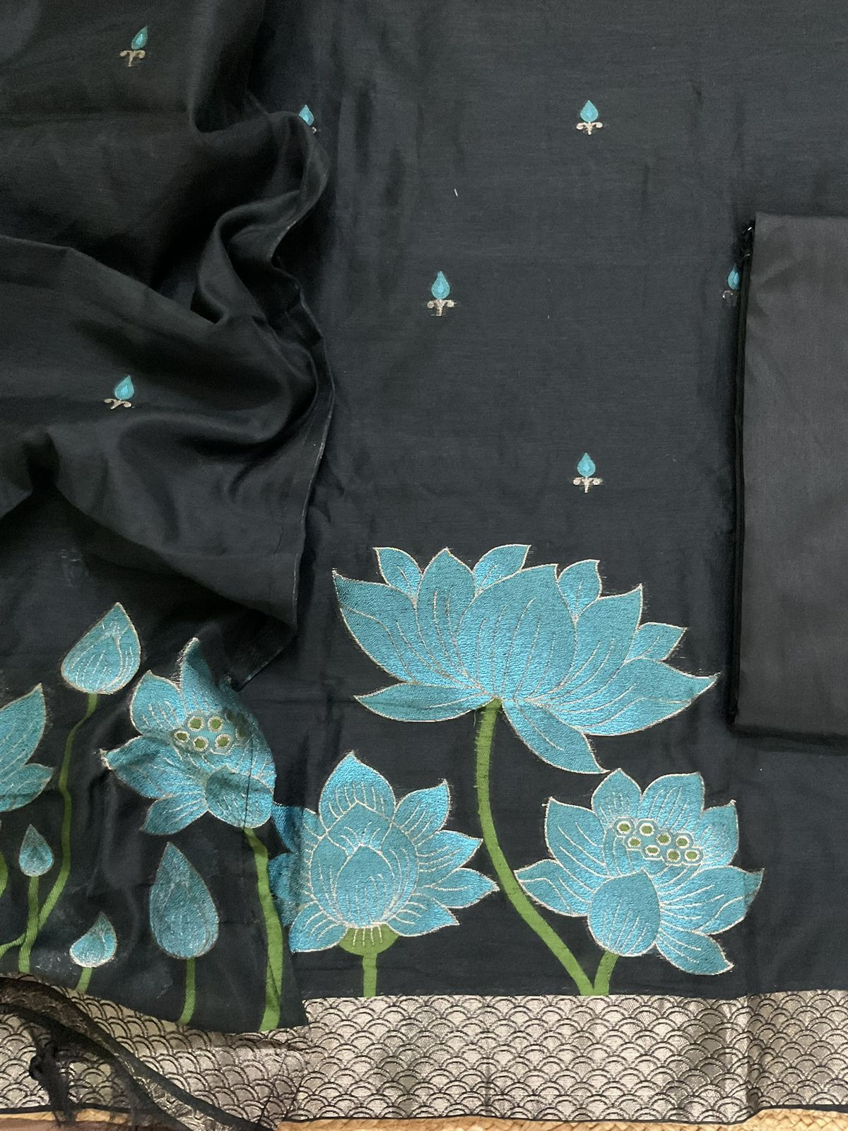 Soft Kora Chanderi Jamdani Weaved Suit - Black