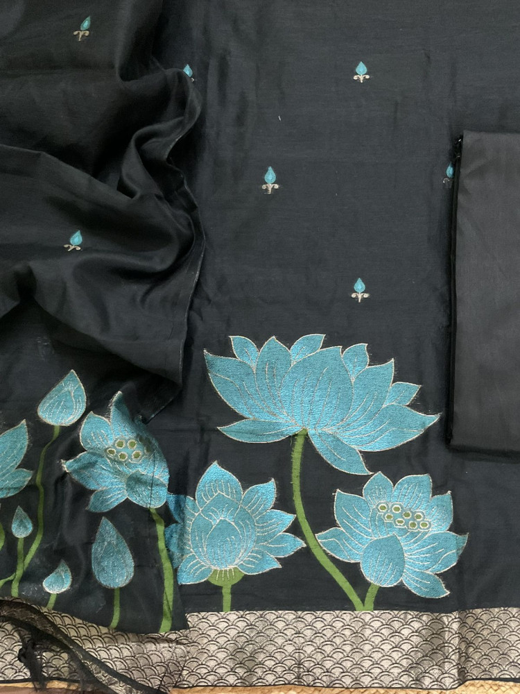 Image of Soft Kora Chanderi Jamdani Weaved Suit - Black