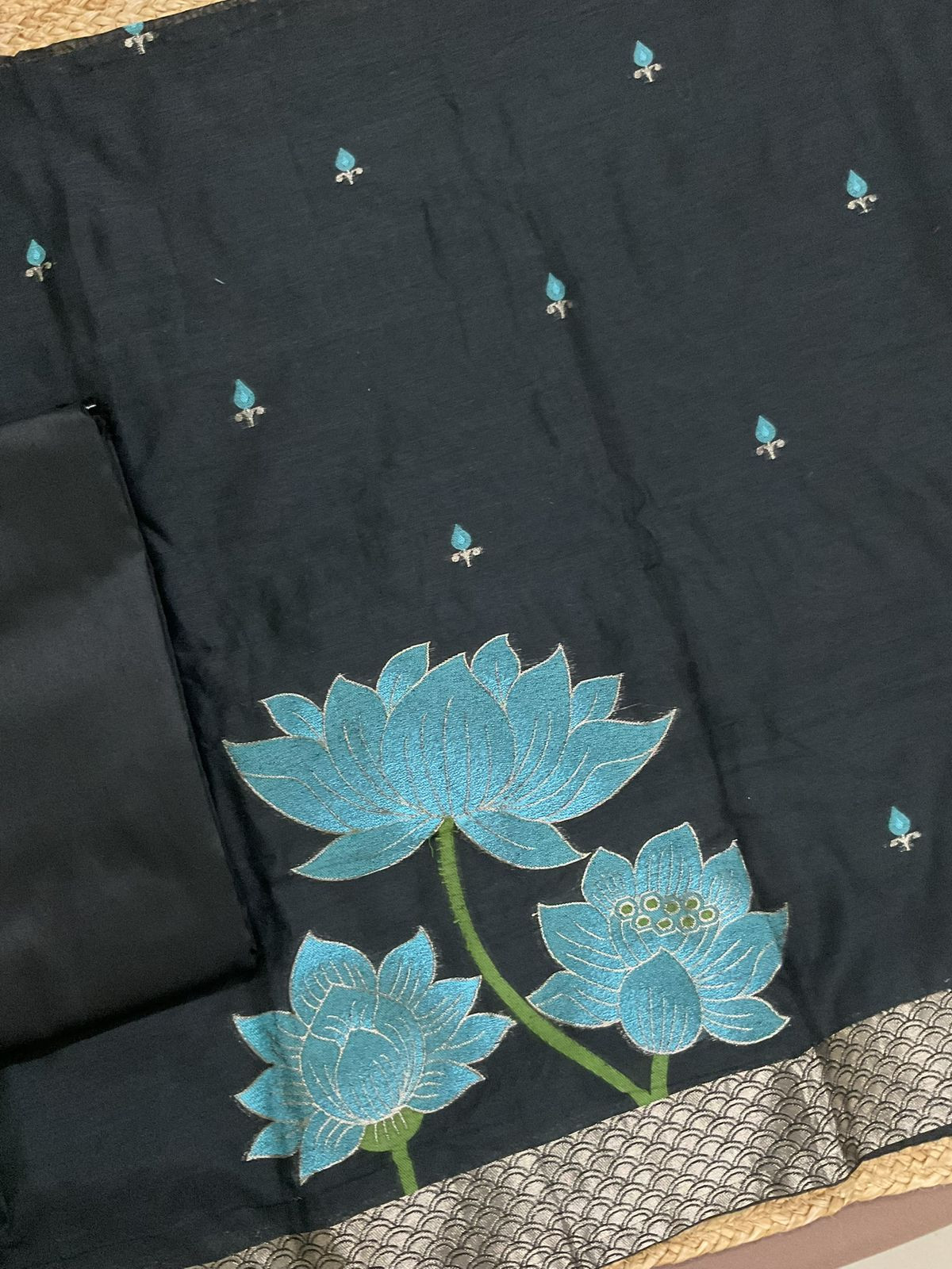 Soft Kora Chanderi Jamdani Weaved Suit - Black