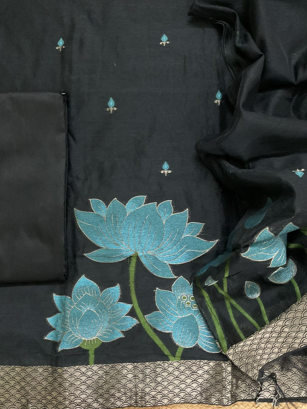 Soft Kora Chanderi Jamdani Weaved Suit - Black