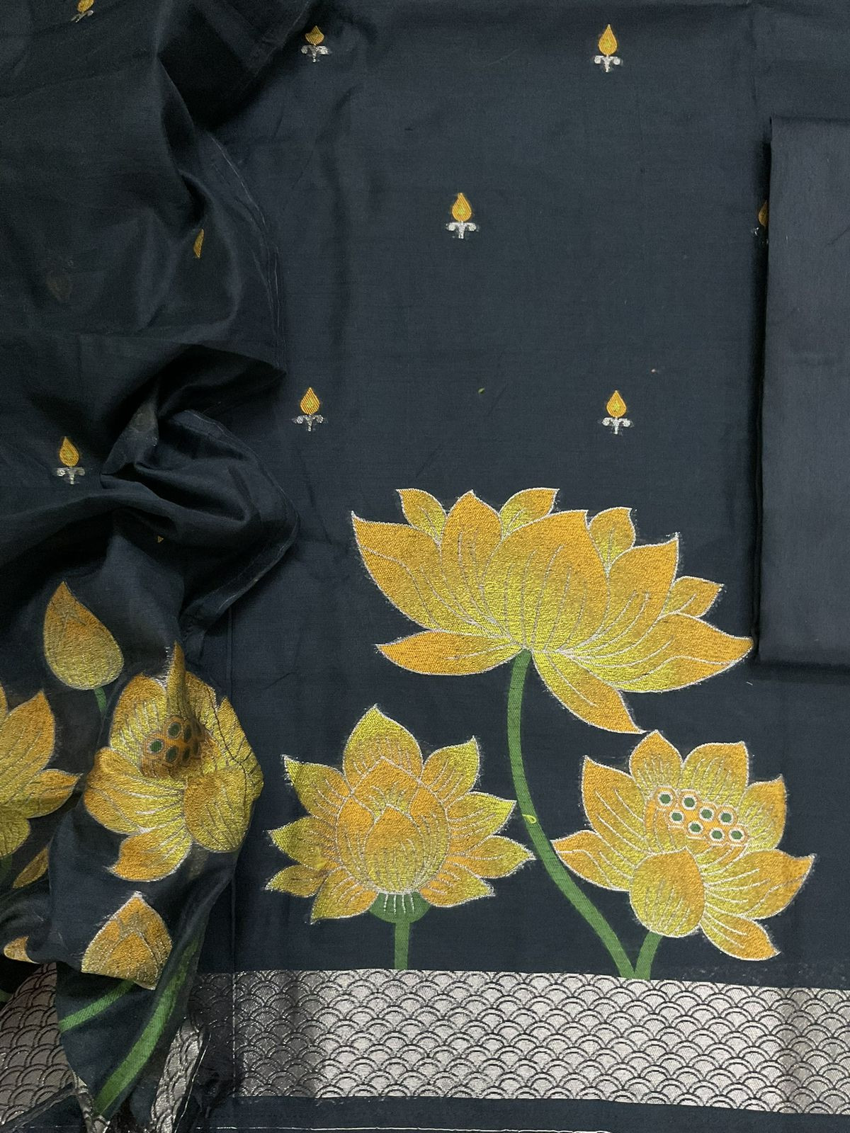 Soft Kora Chanderi Jamdani Weaved Suit - Black